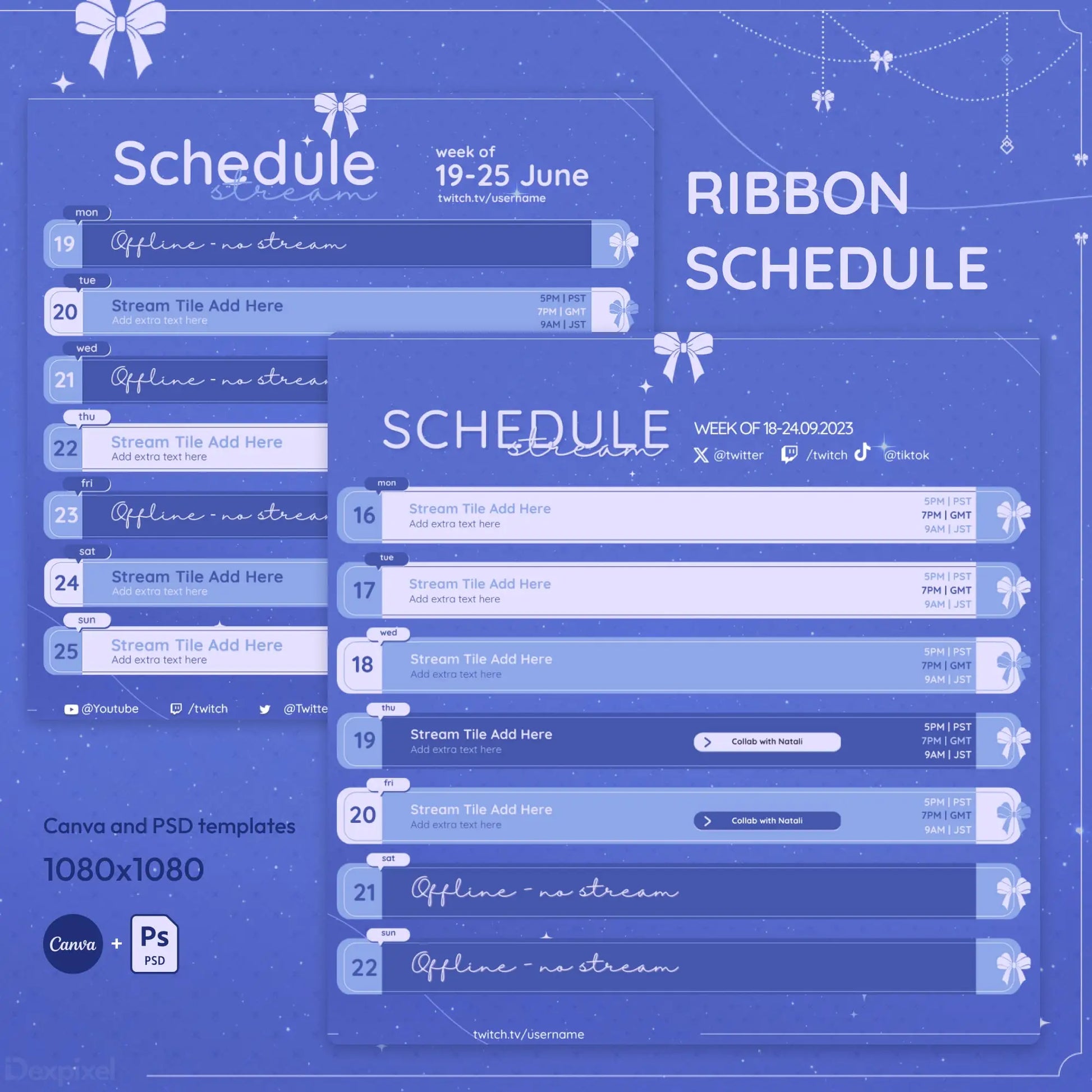 Blue-themed weekly schedule template with ribbon decorations and date slots for June 19-25.