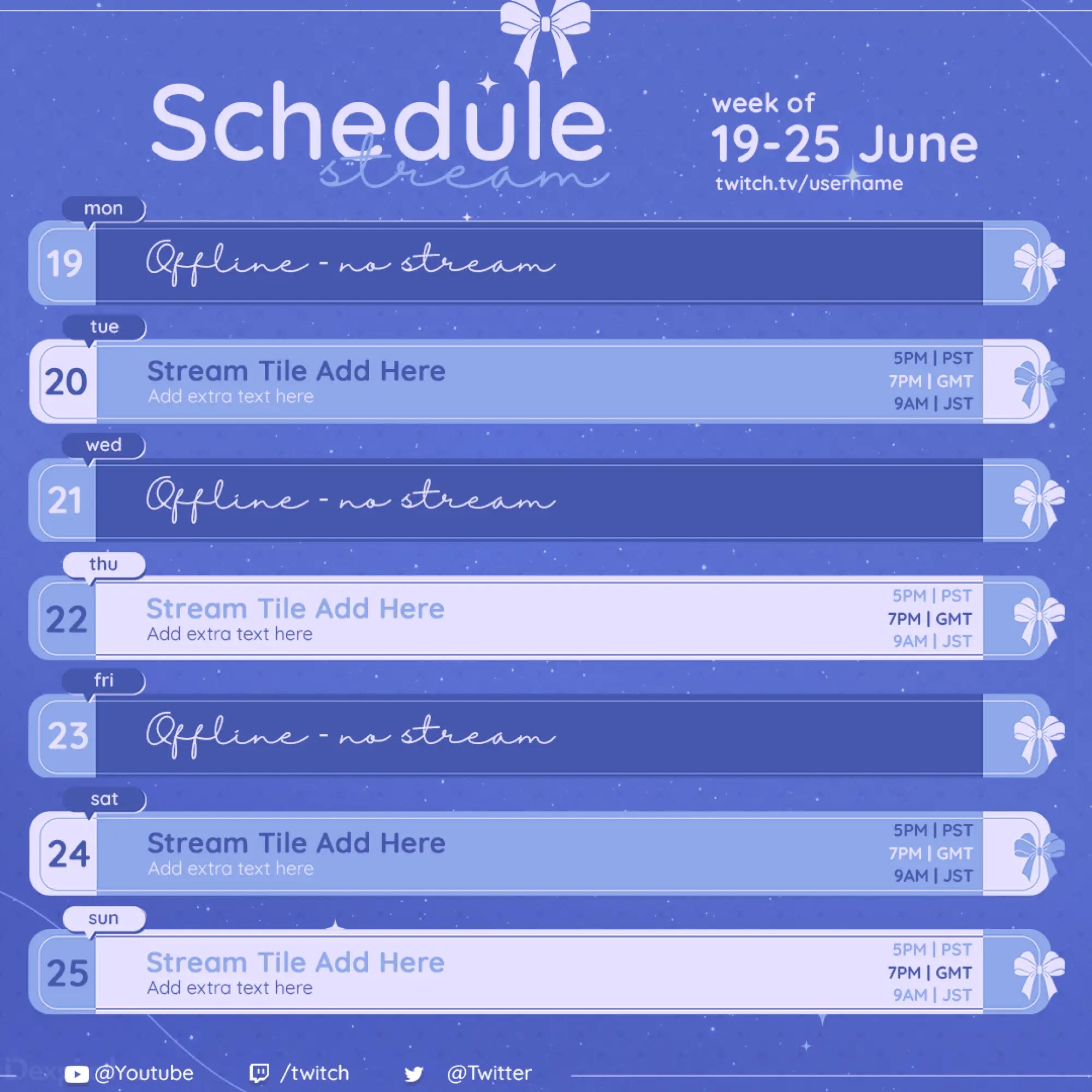 Weekly streaming schedule template with dates from June 19-25 decorated with white bows.