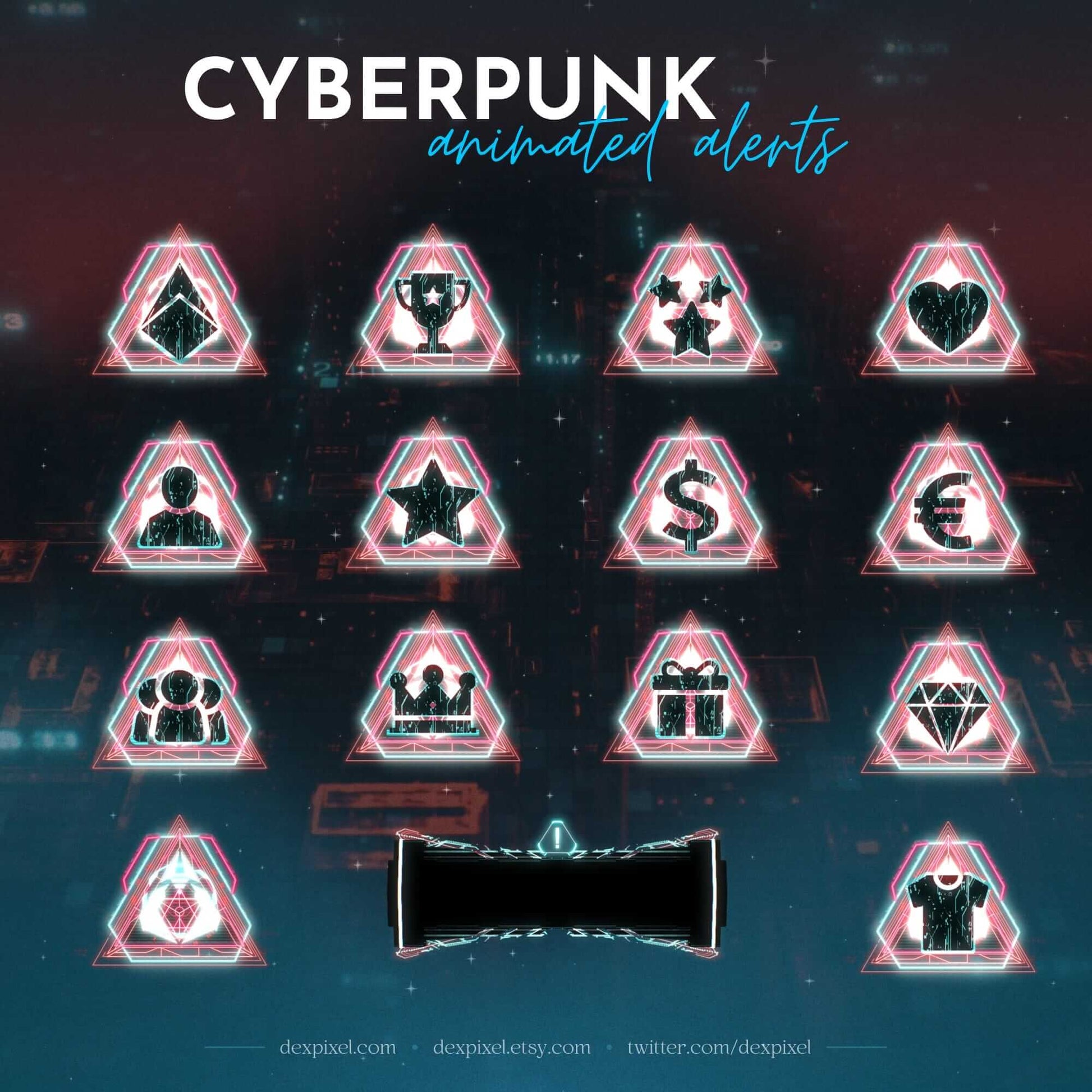 Cyberpunk animated alerts featuring neon icons for Twitch and YouTube stream notifications. Engage viewers with futuristic designs.