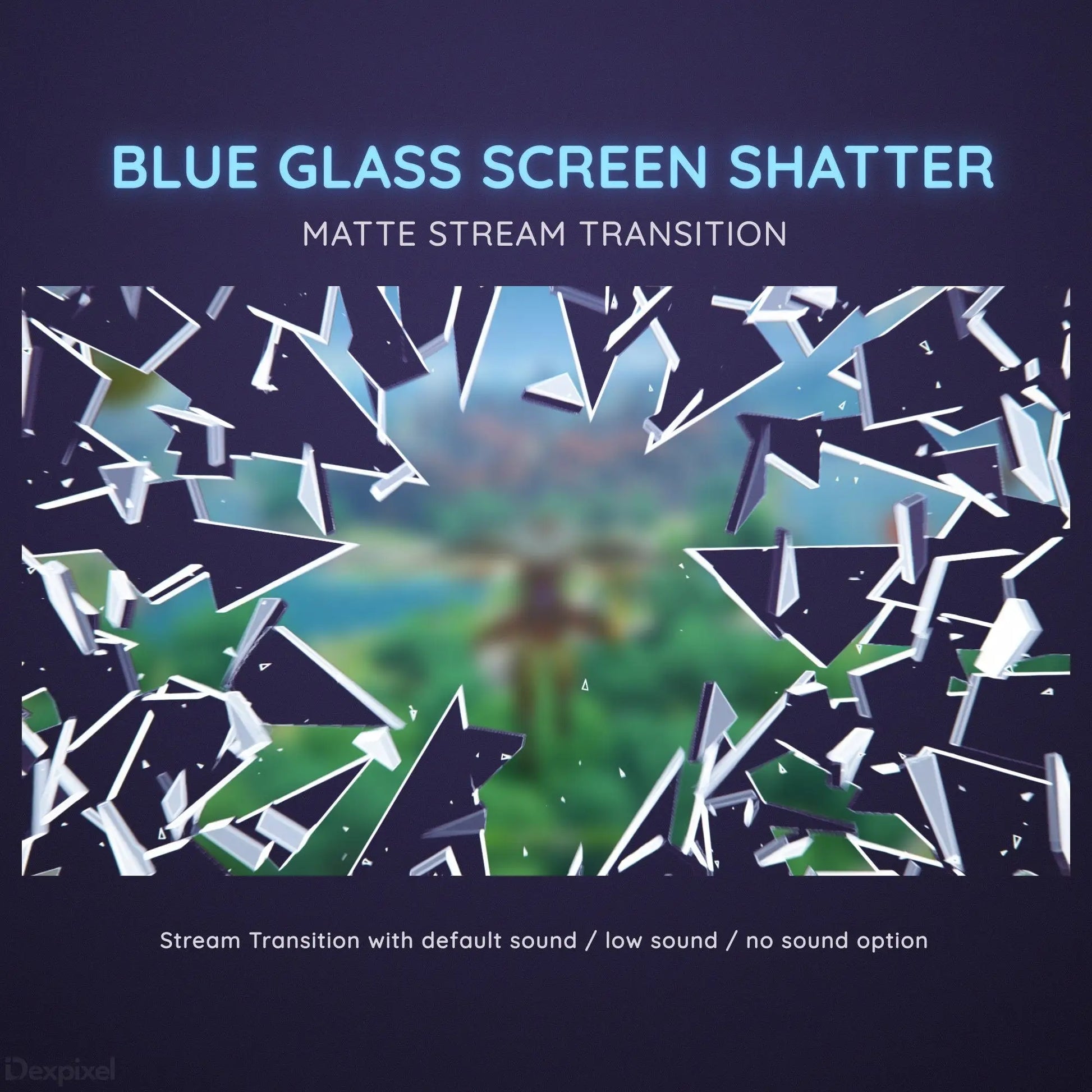 Blue glass shatter effect transition overlay with jagged broken pieces.