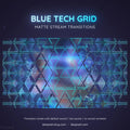 Glowing blue geometric grid pattern with triangular shapes and tech-style transitions.