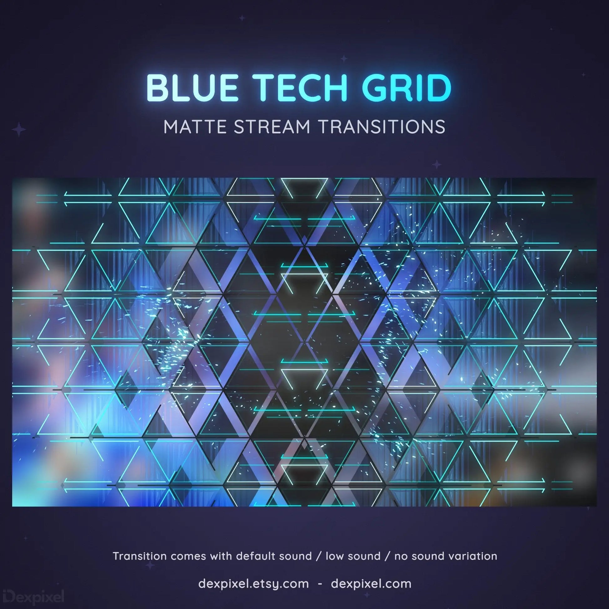 Geometric blue tech grid pattern with glowing triangular and diamond shapes arranged in a repeating matrix.