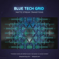 Glowing blue geometric grid pattern with interconnected triangular and linear elements.