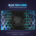 Glowing blue geometric grid pattern with triangular and hexagonal tech-style elements.