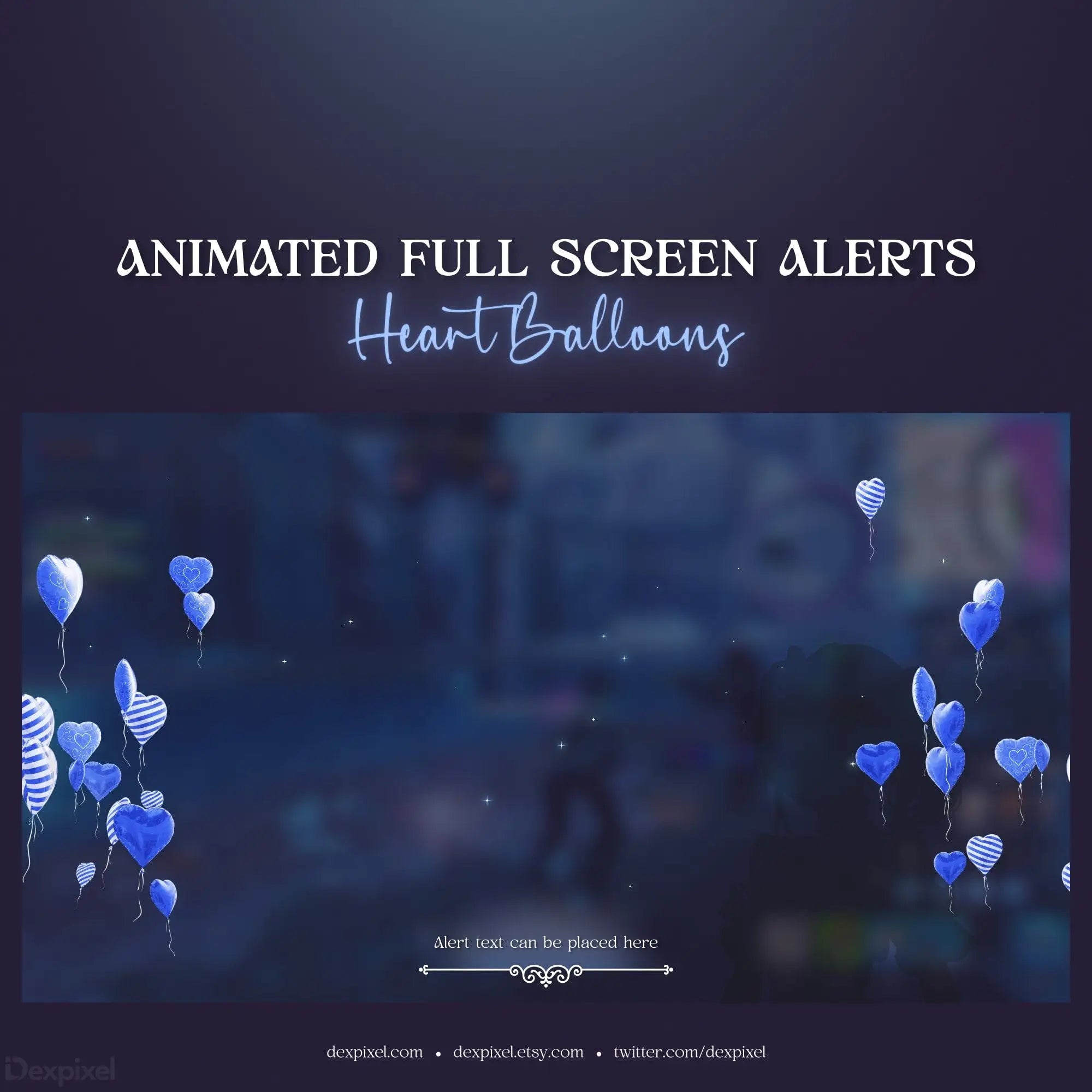 Floating heart-shaped balloons in blue and white colors.