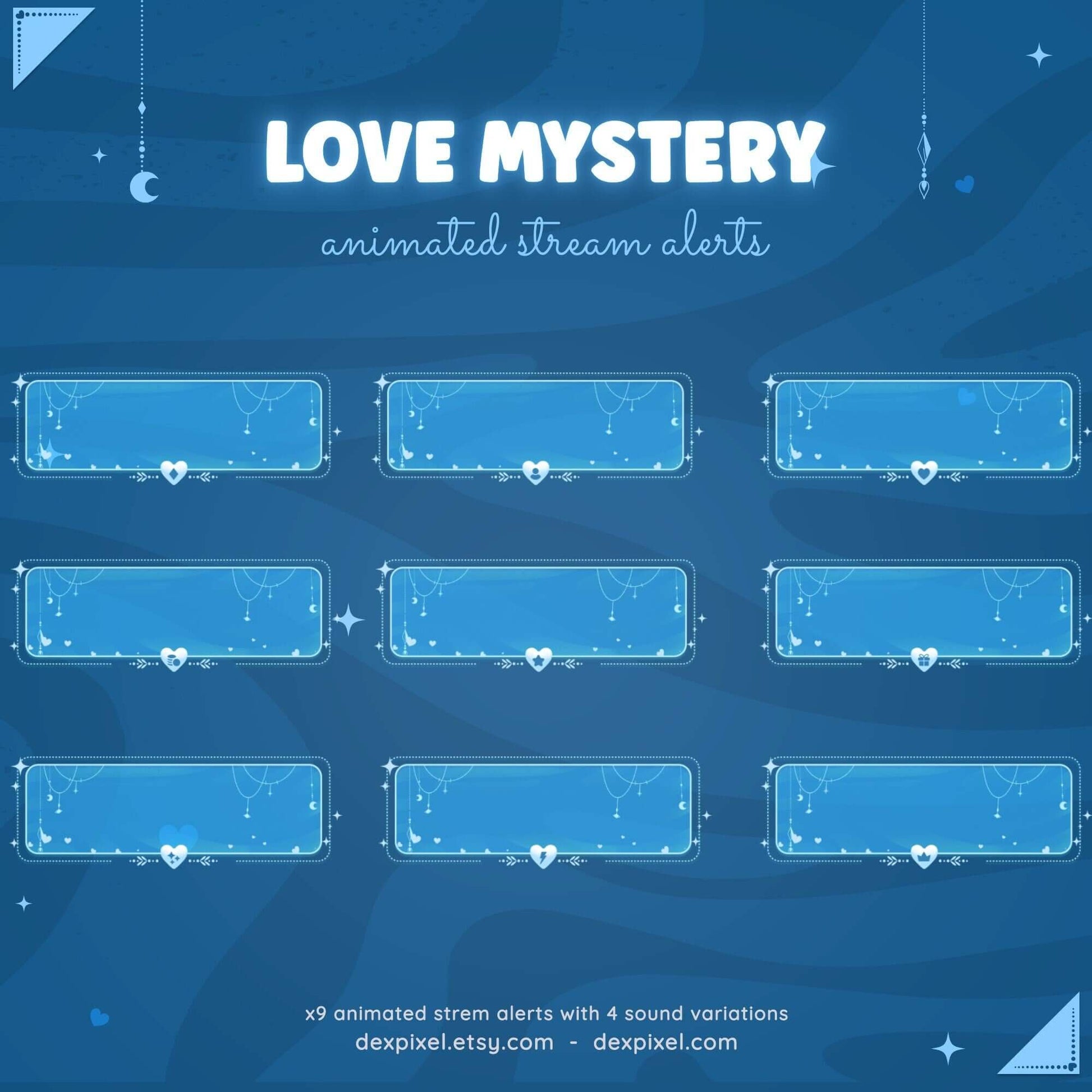 Blue Love Mystery animated stream alerts with hearts, perfect for engaging Twitch and YouTube viewers.