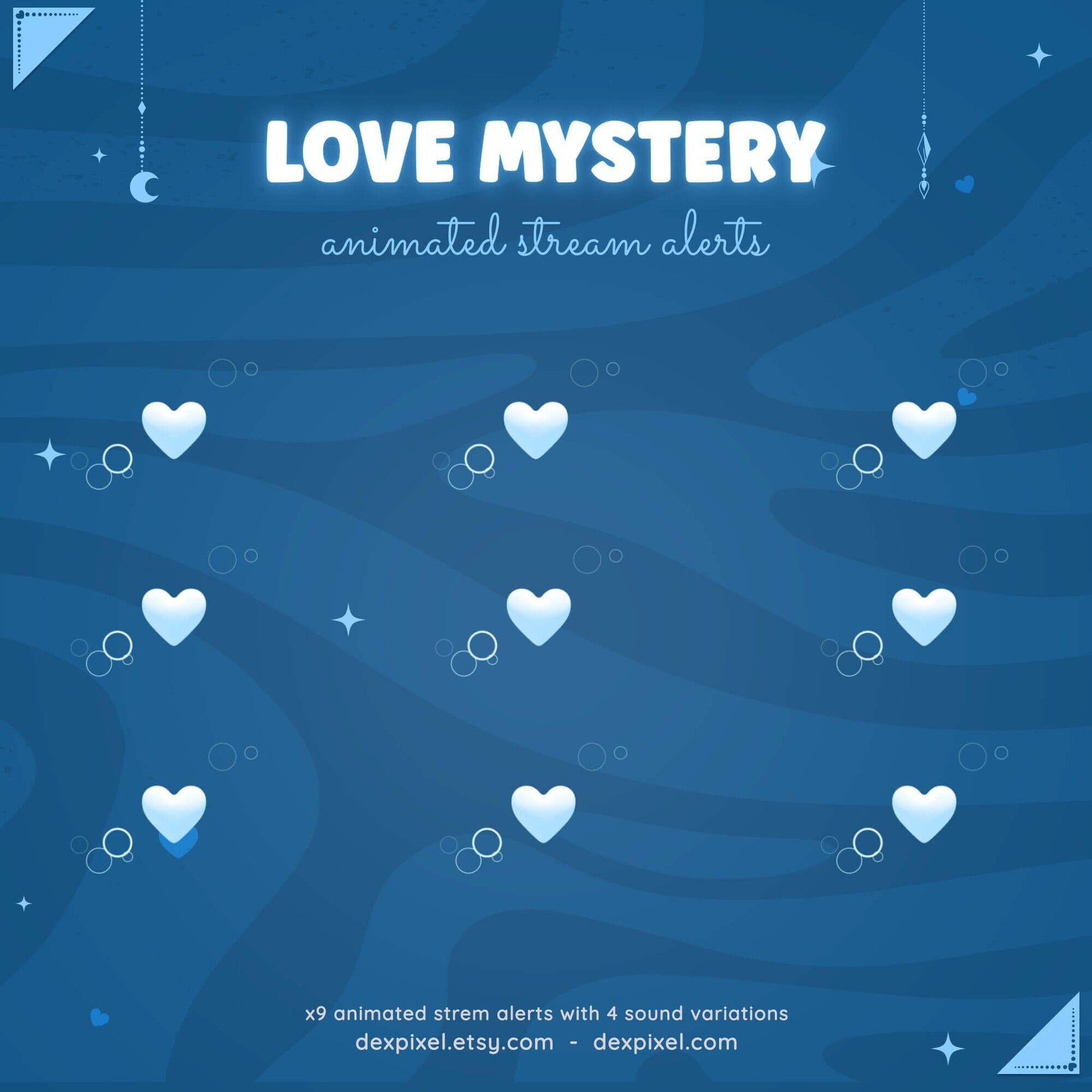 Love Mystery animated stream alerts featuring blue hearts and whimsical designs for Twitch and YouTube streams.