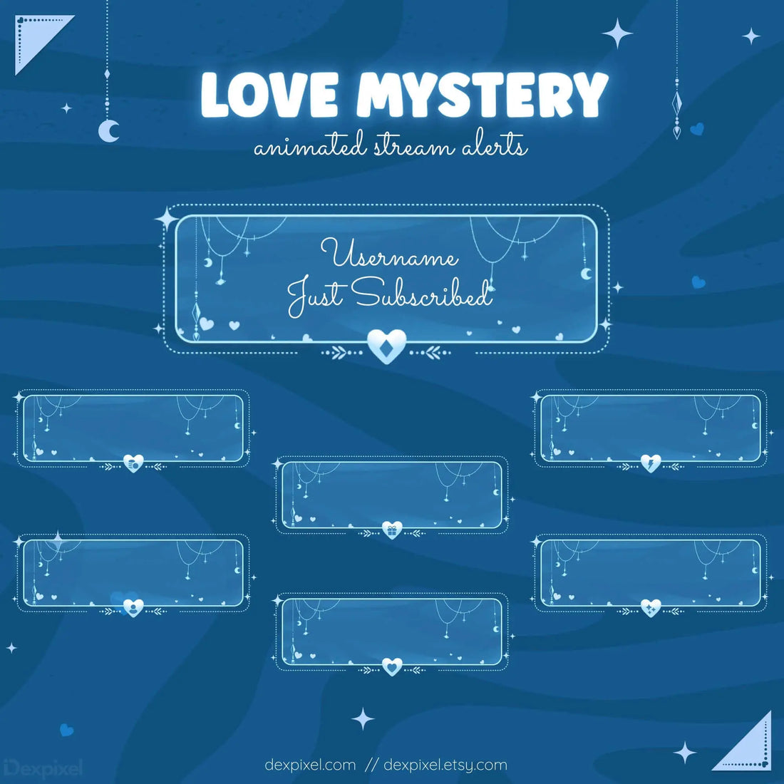 Blue Love Mystery Animated Stream Alerts design featuring subscription notification frames and romantic decorations.