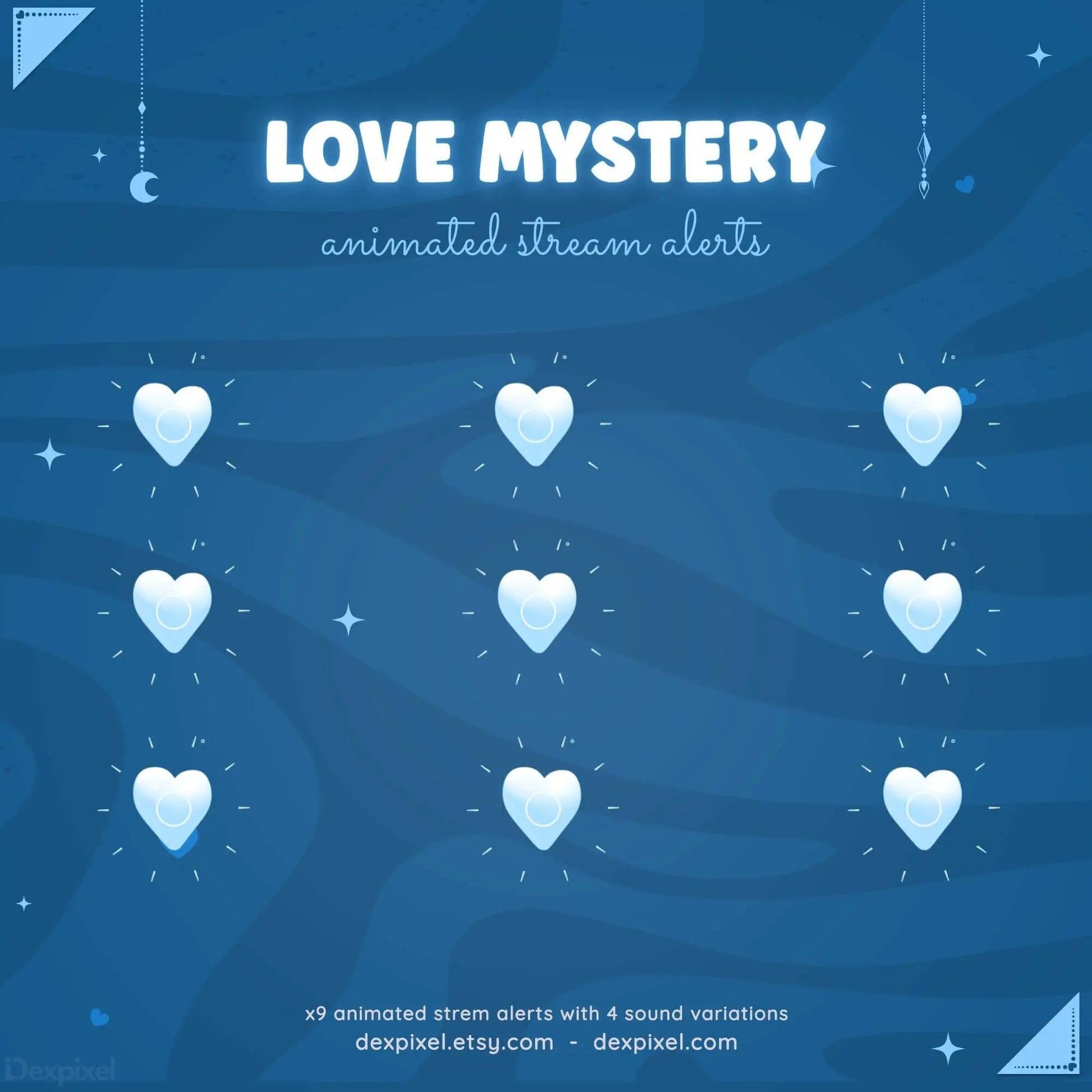 Blue Love Mystery animated stream alerts featuring hearts and sound variations for engaging viewer experiences.