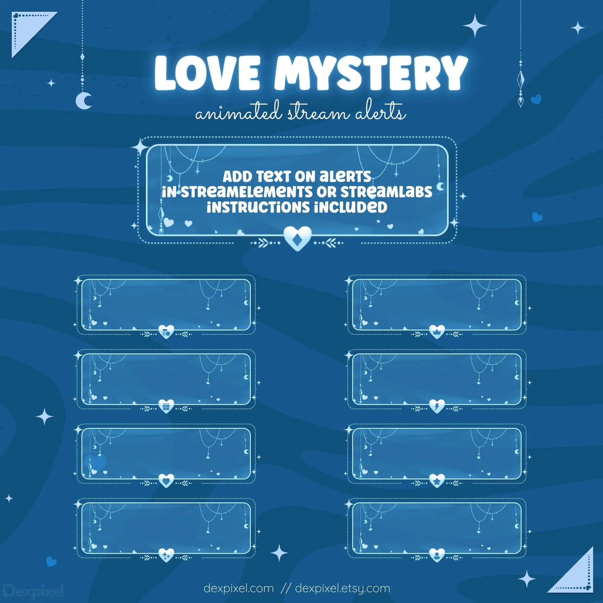 Love Mystery animated stream alerts template with customizable text fields and heart graphics for streamers.