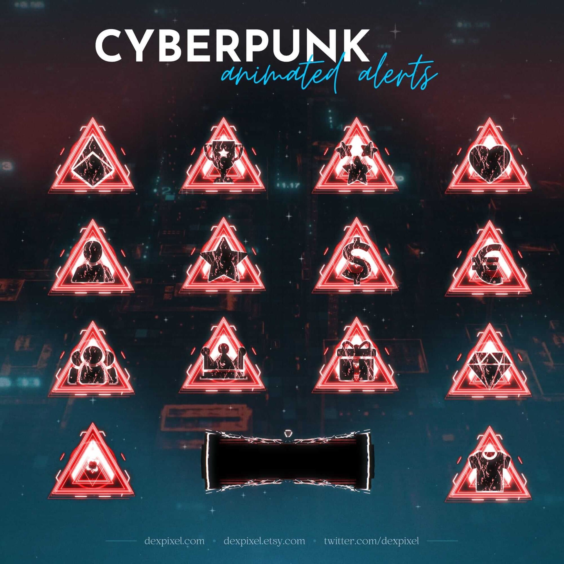 Cyberpunk animated alerts featuring neon triangular designs for Twitch and YouTube streamers, enhancing viewer engagement.