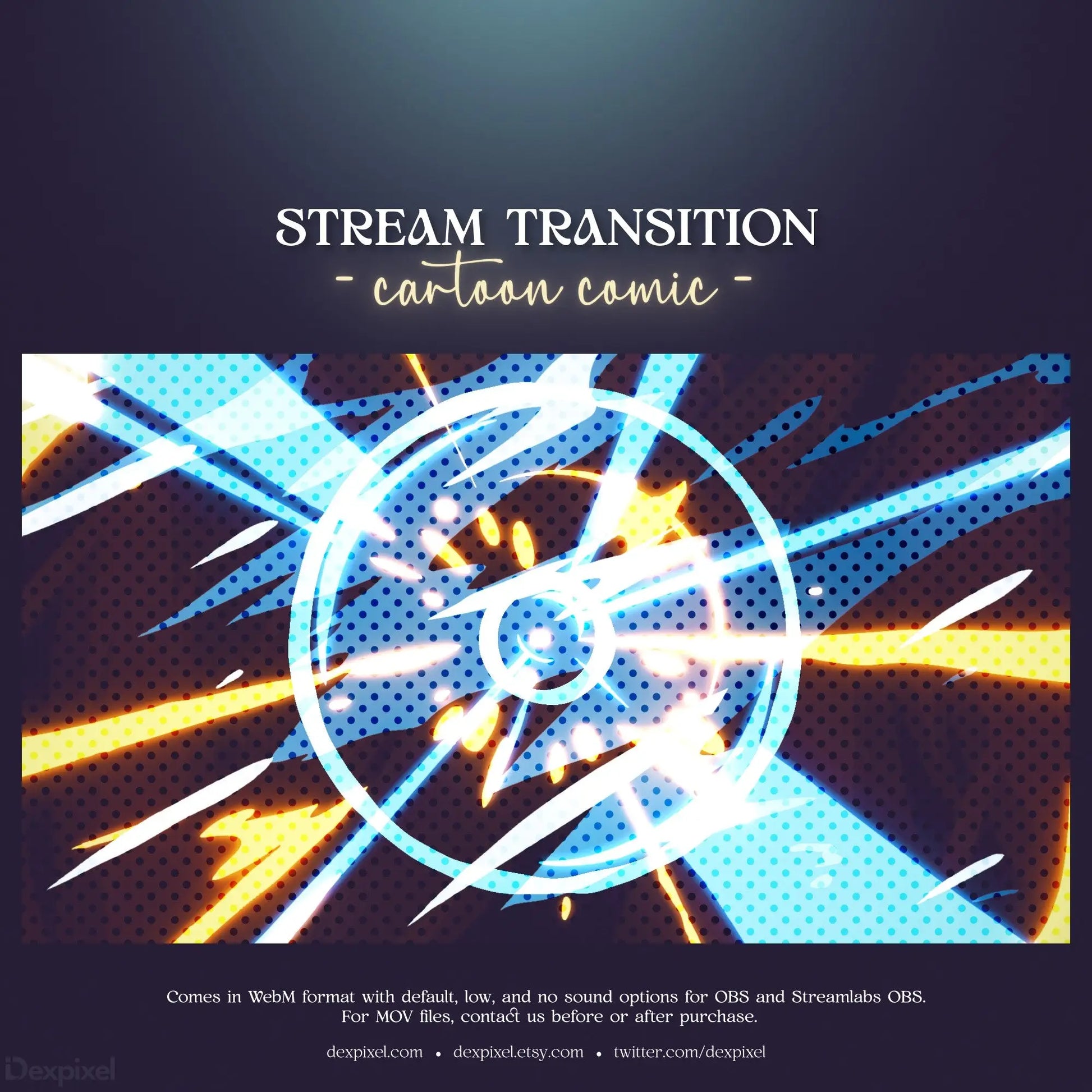 Circular stream transition graphic with blue and yellow light rays bursting outward.