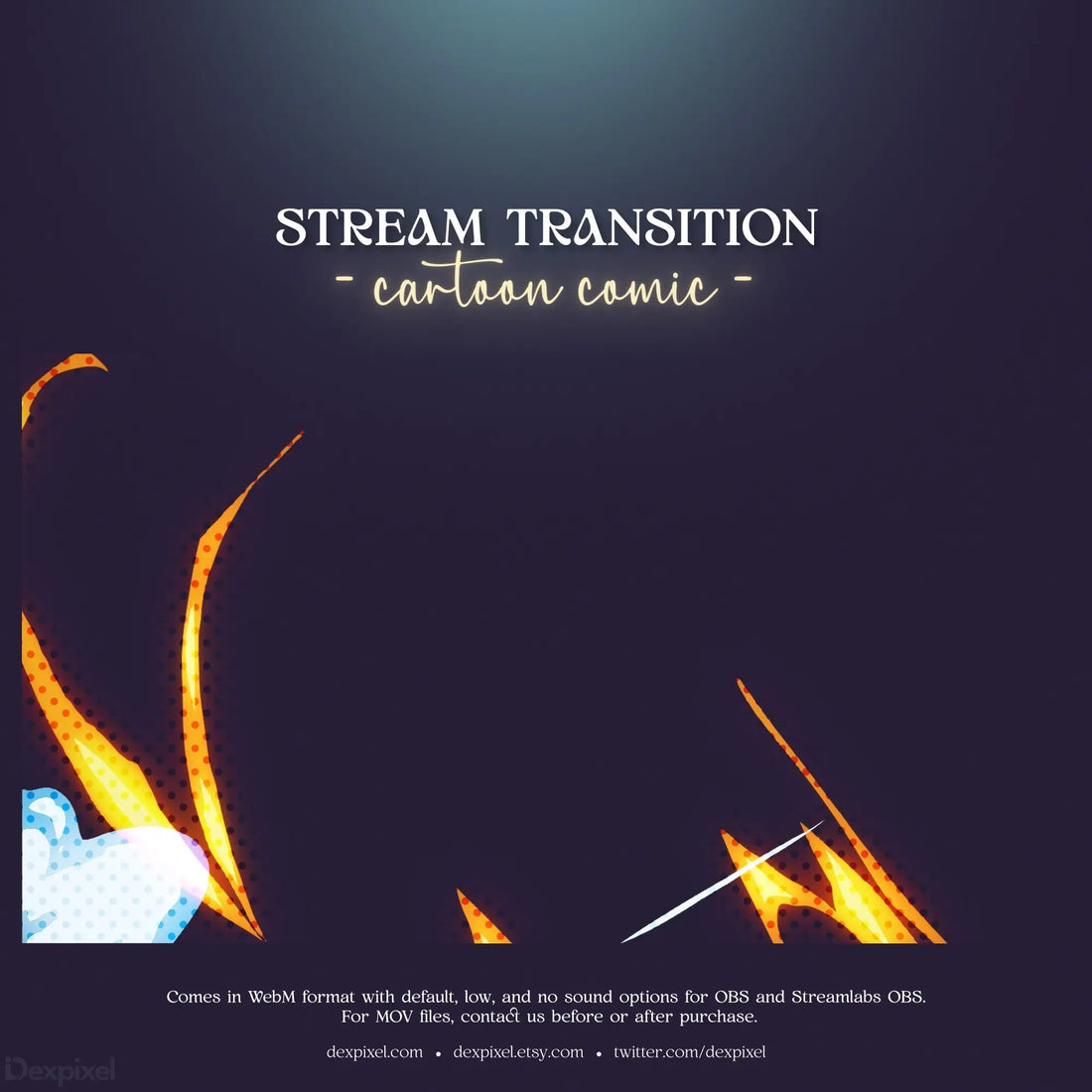 Stream transition screen with radiating white beams over an orange and blue halftone pattern.