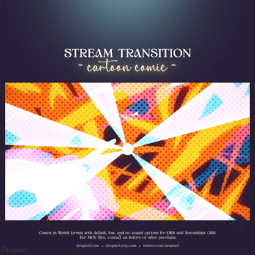 Stream transition screen with radiating white beams over an orange and blue halftone pattern.