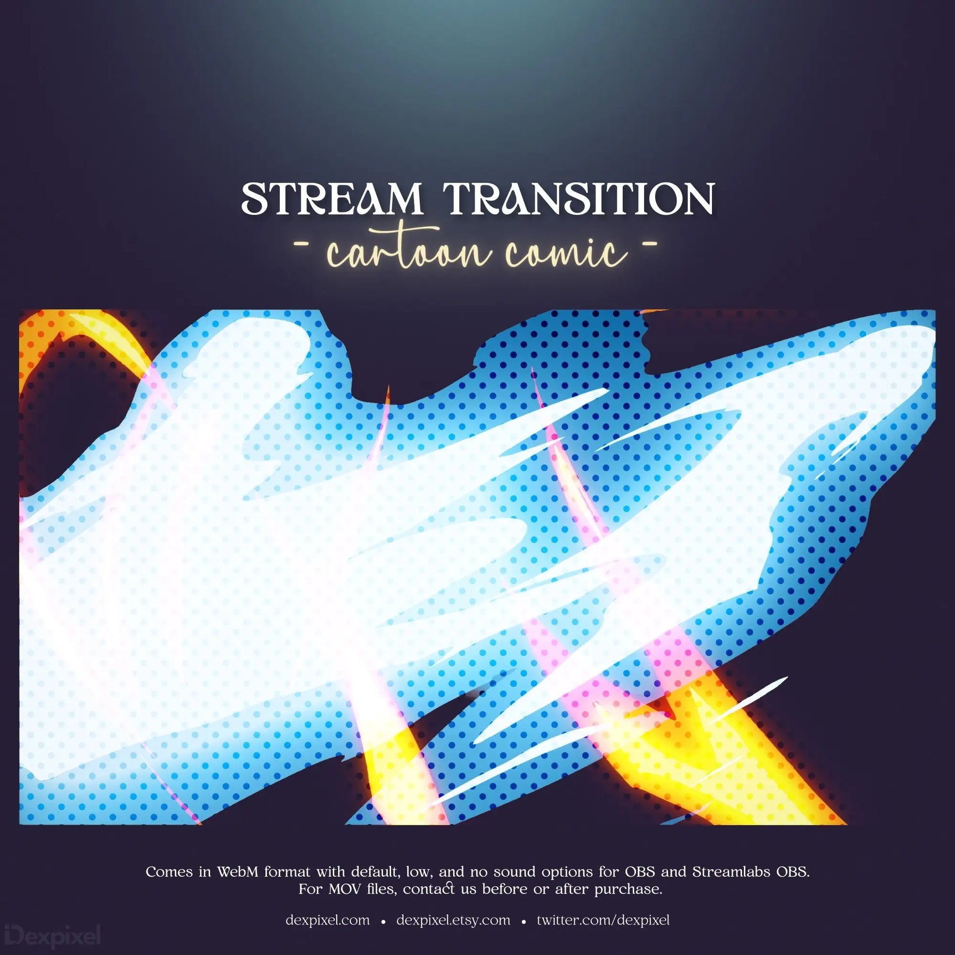 Stream transition screen with flowing blue and yellow abstract design elements.