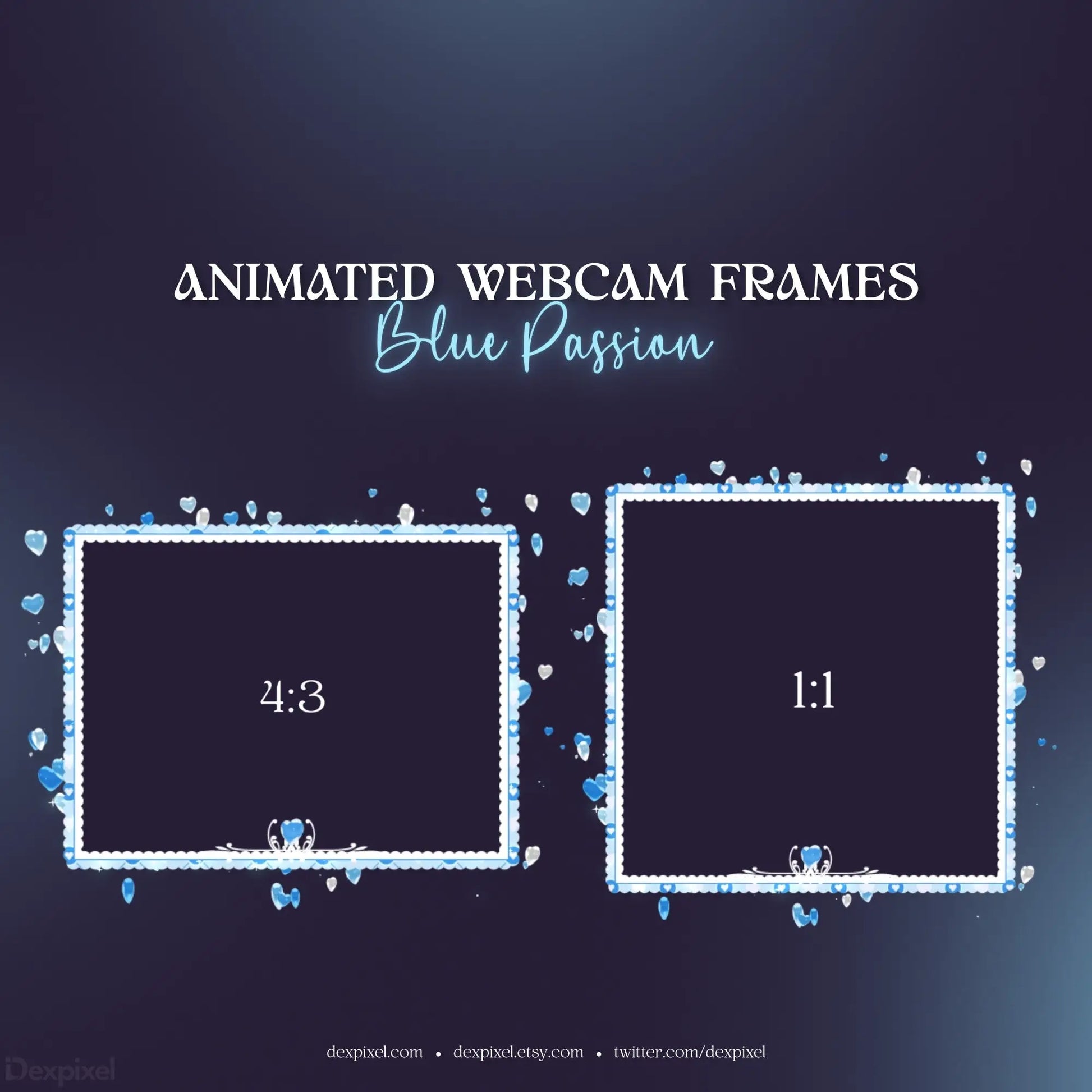 Animated webcam frame overlay with blue floral decorative elements and two aspect ratio options.