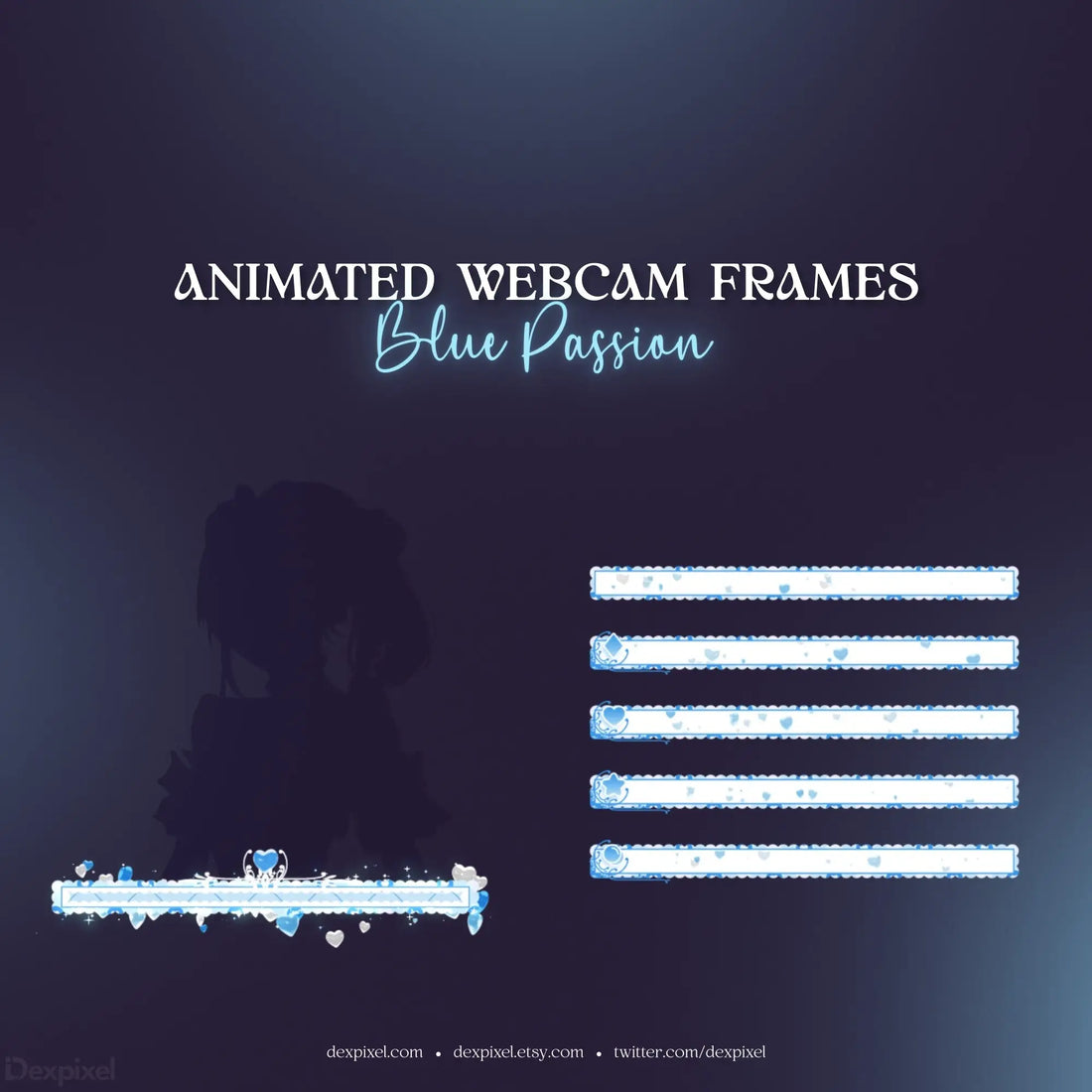 Stream overlay template with blue crystal/diamond decorations and multiple viewing frames arranged around a heart shape.