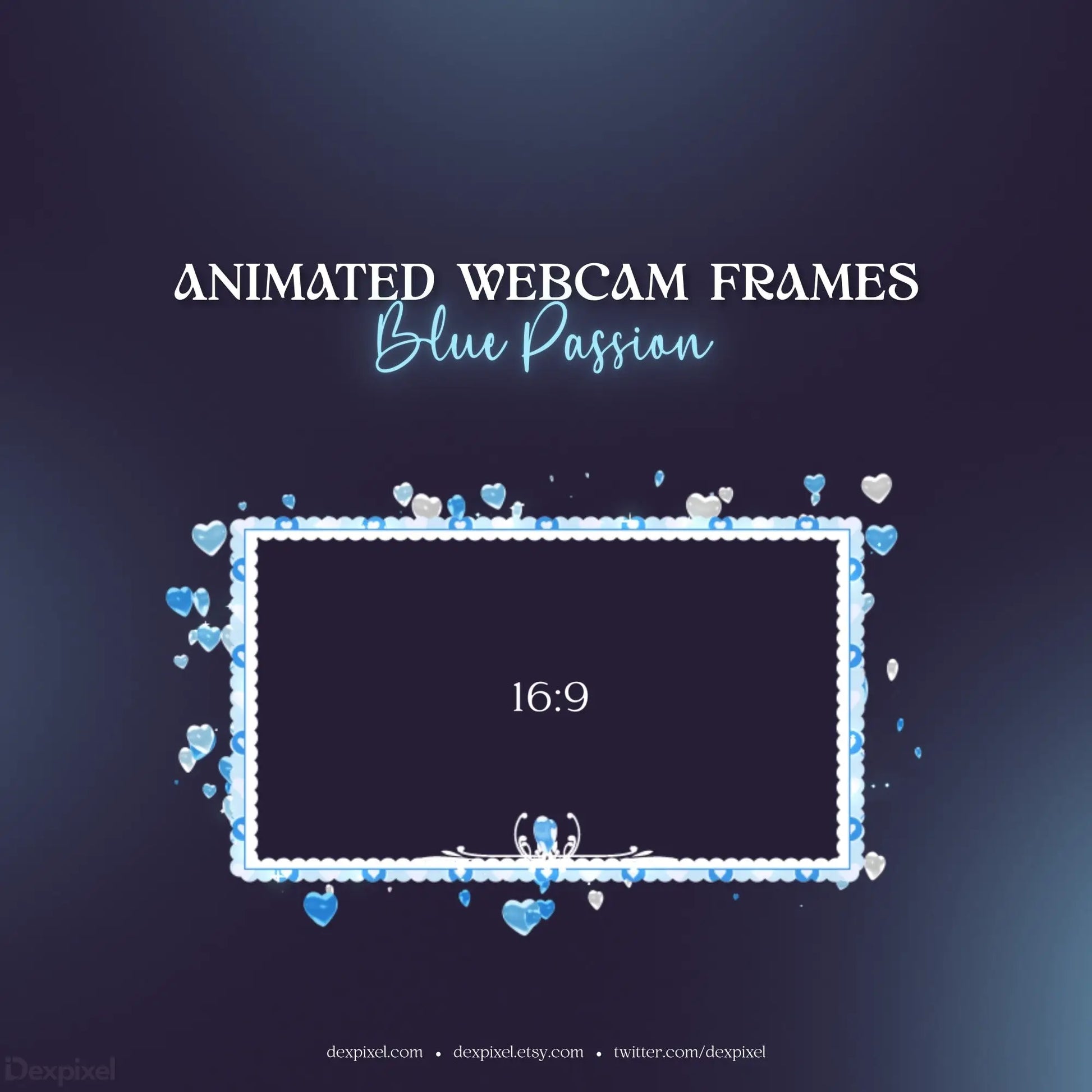 Decorative webcam frame with blue hearts and pearl-like border in 16:9 aspect ratio.