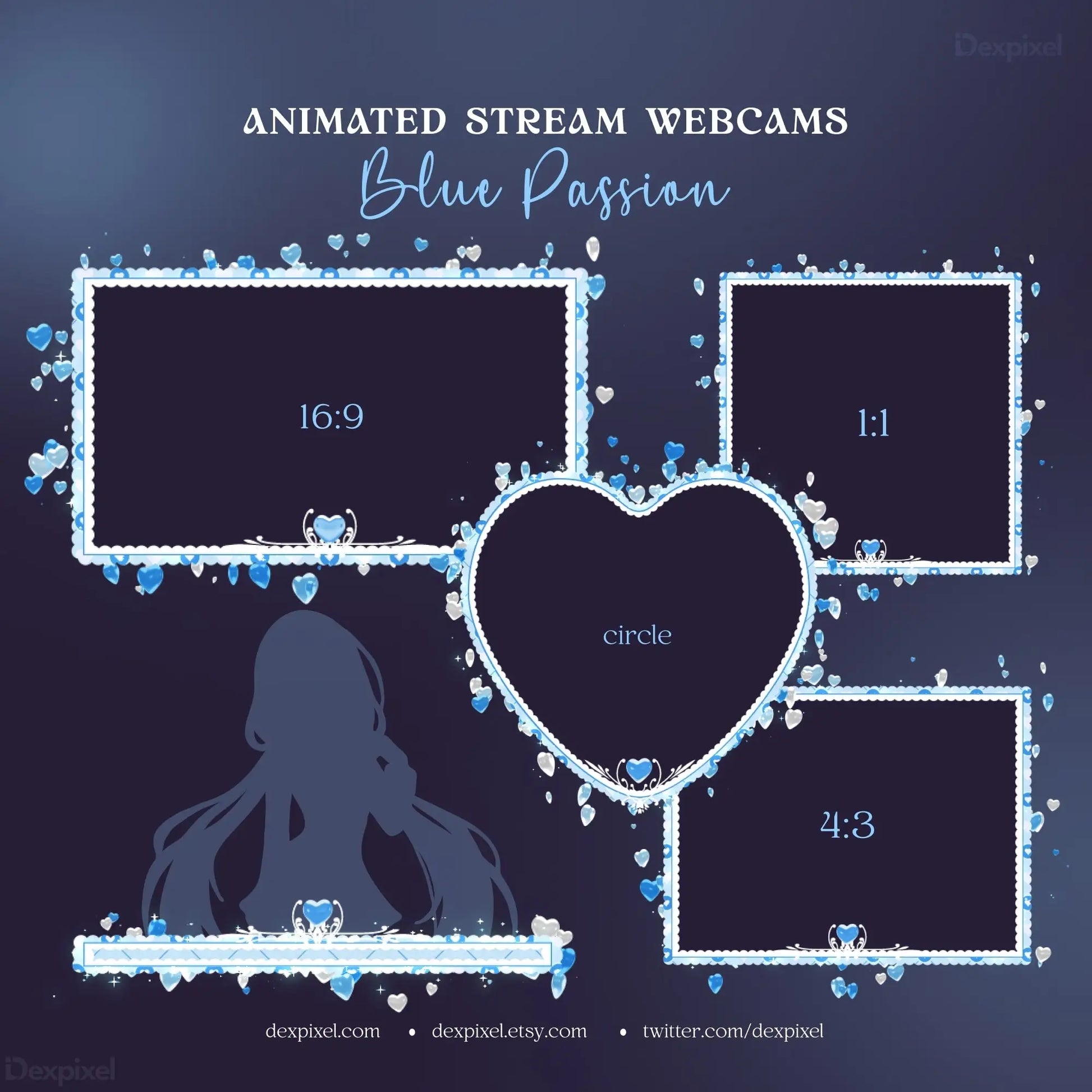 Stream overlay template with blue crystal/diamond decorations and multiple viewing frames arranged around a heart shape.