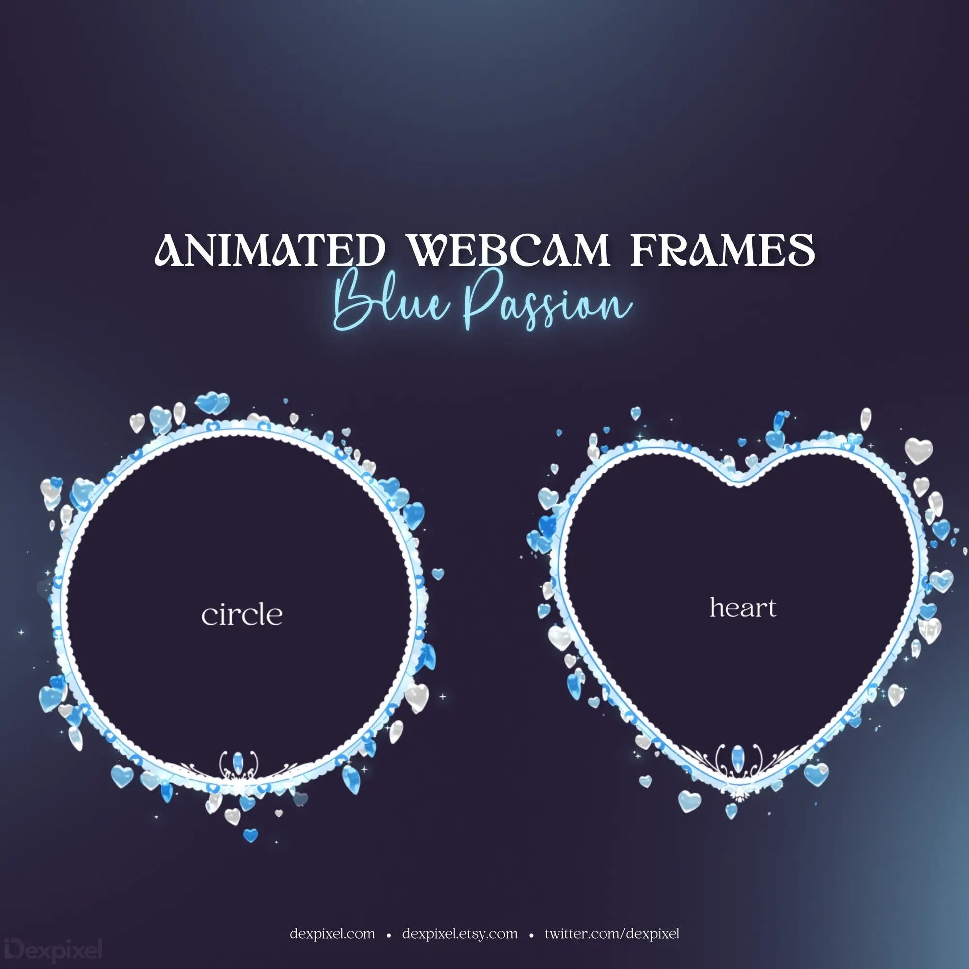 Two decorative webcam frames with blue hearts and sparkles in circle and heart shapes.