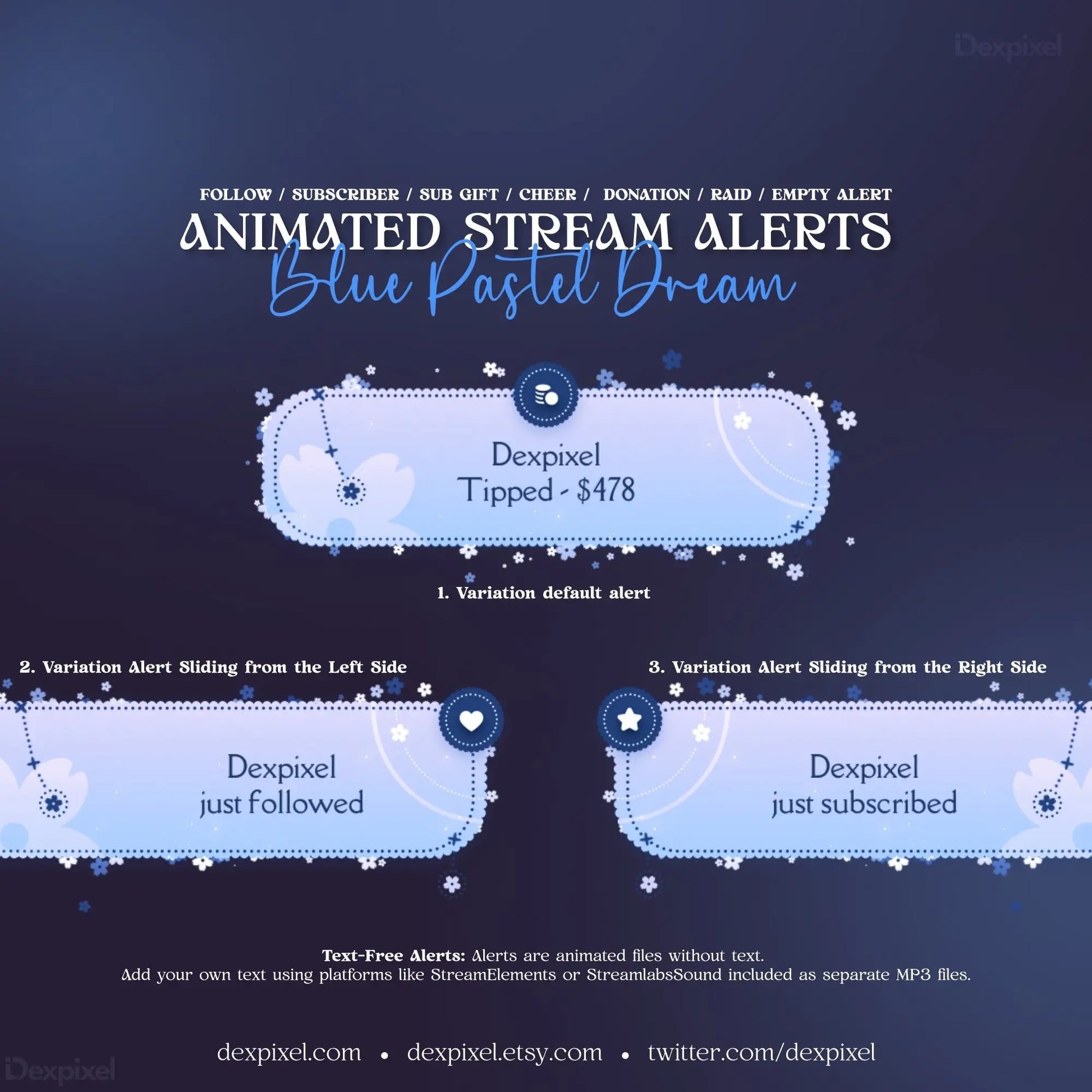 Animated stream alert template featuring a blue pastel dream theme with decorative borders