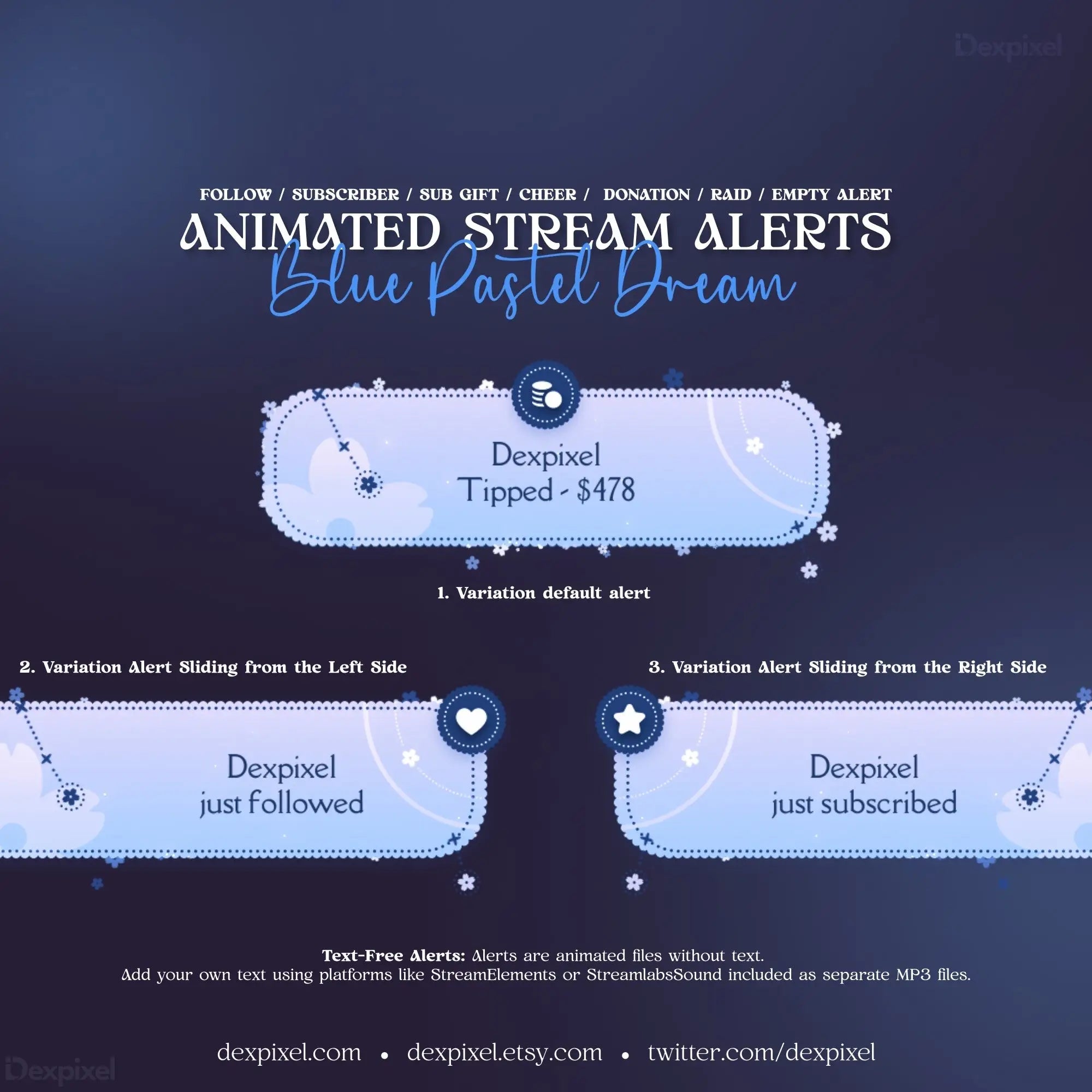 Animated stream alert templates featuring a blue pastel dream theme in Blue Pastel Dream Celestial Stream Pack