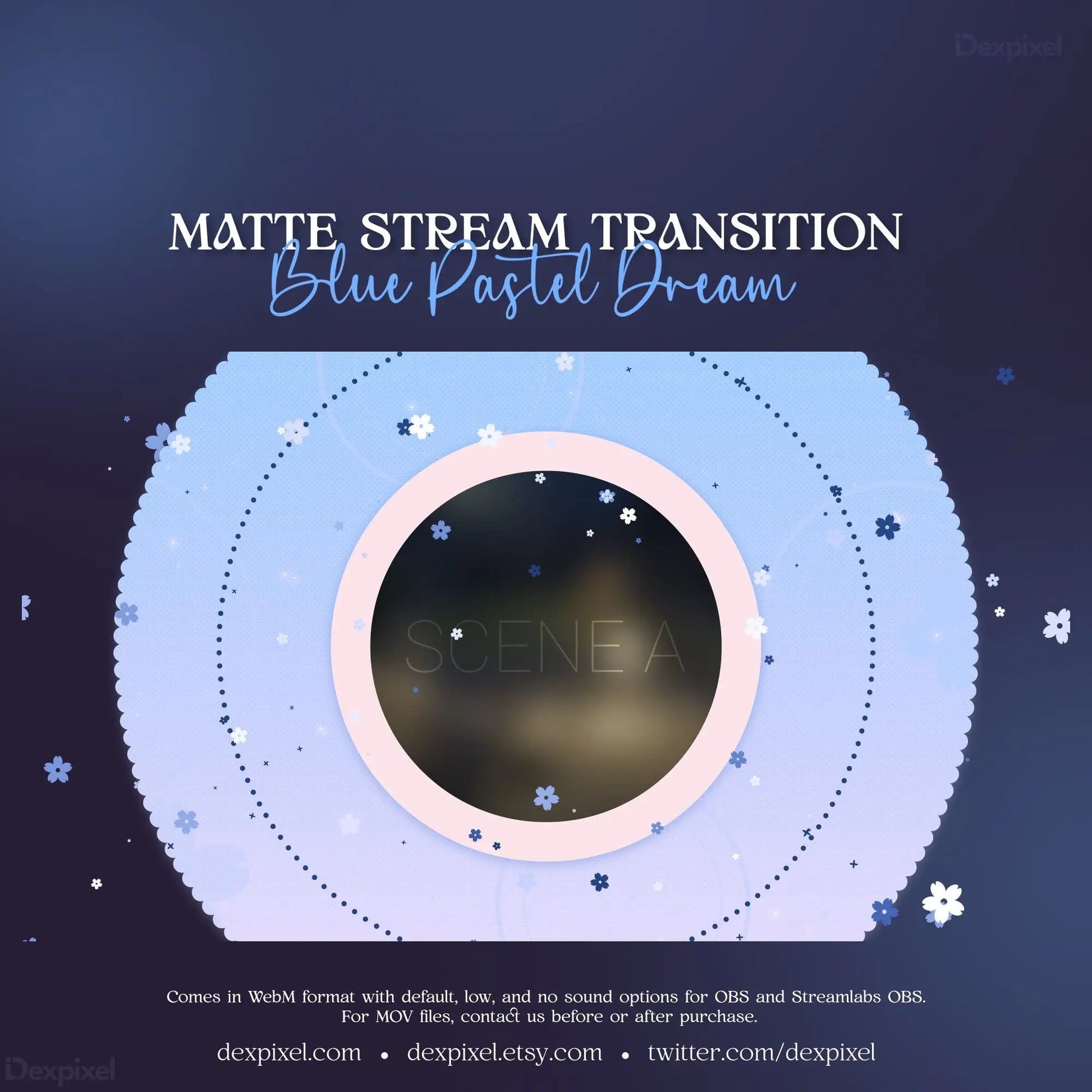 Circular matte stream transition overlay featuring a pink ring border and blue stars for Blue Pastel Dream