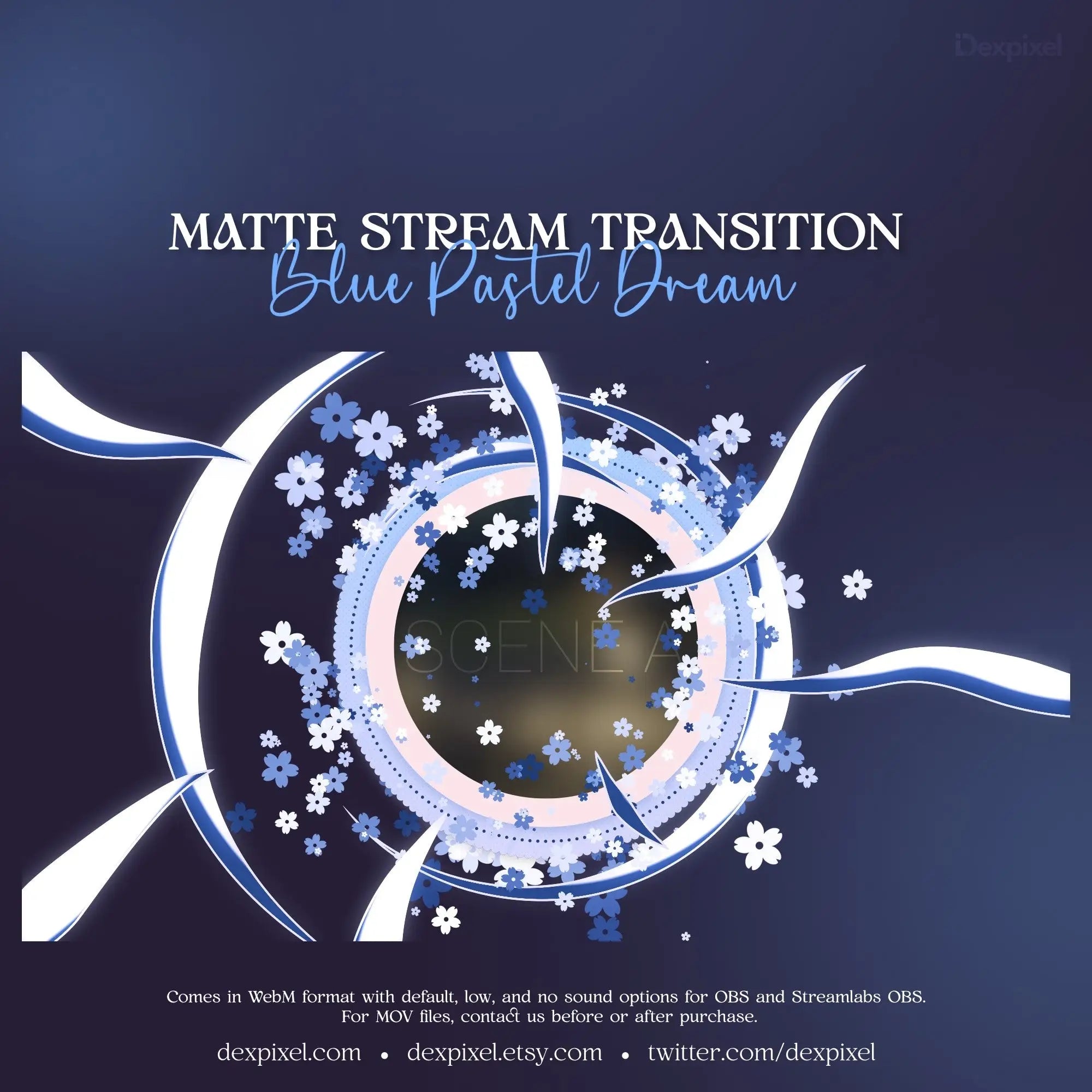 Circular blue pastel dream animated stream transition with floating flower petals