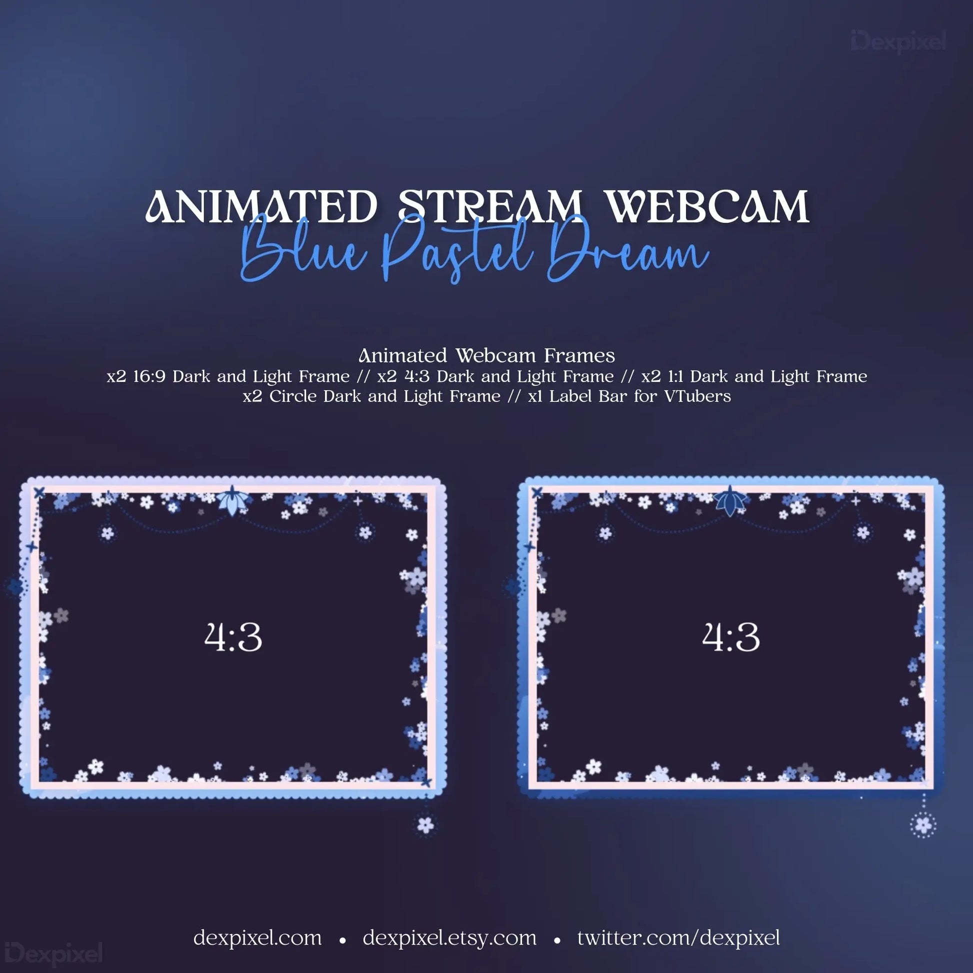 Animated floral celestial webcam frame featuring blue pastel dream petals