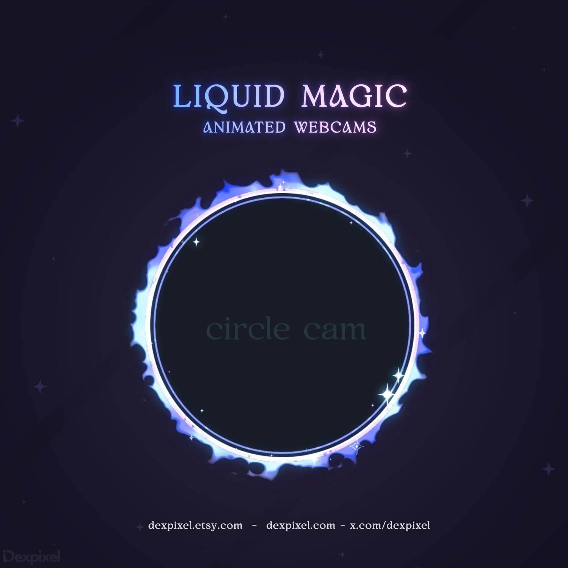 Animated Liquid Magic Webcam overlay with a circular frame and fluid blue and pink designs.