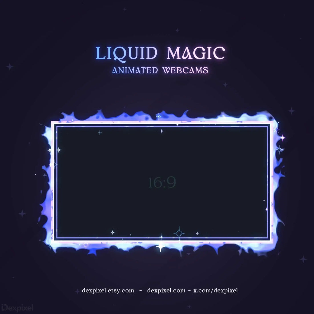 Animated webcam overlays with liquid magic designs in various aspect ratios for streaming.