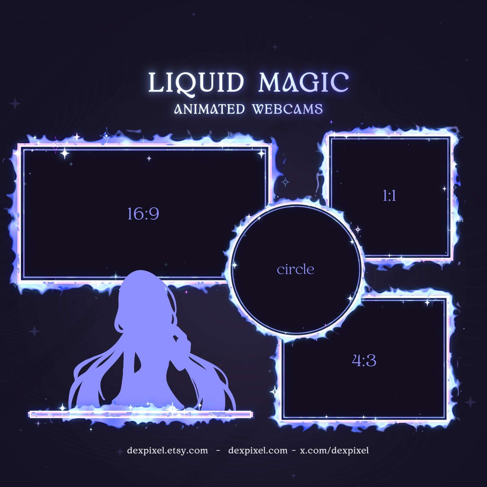 Animated webcam overlays with liquid magic designs in various aspect ratios for streaming.