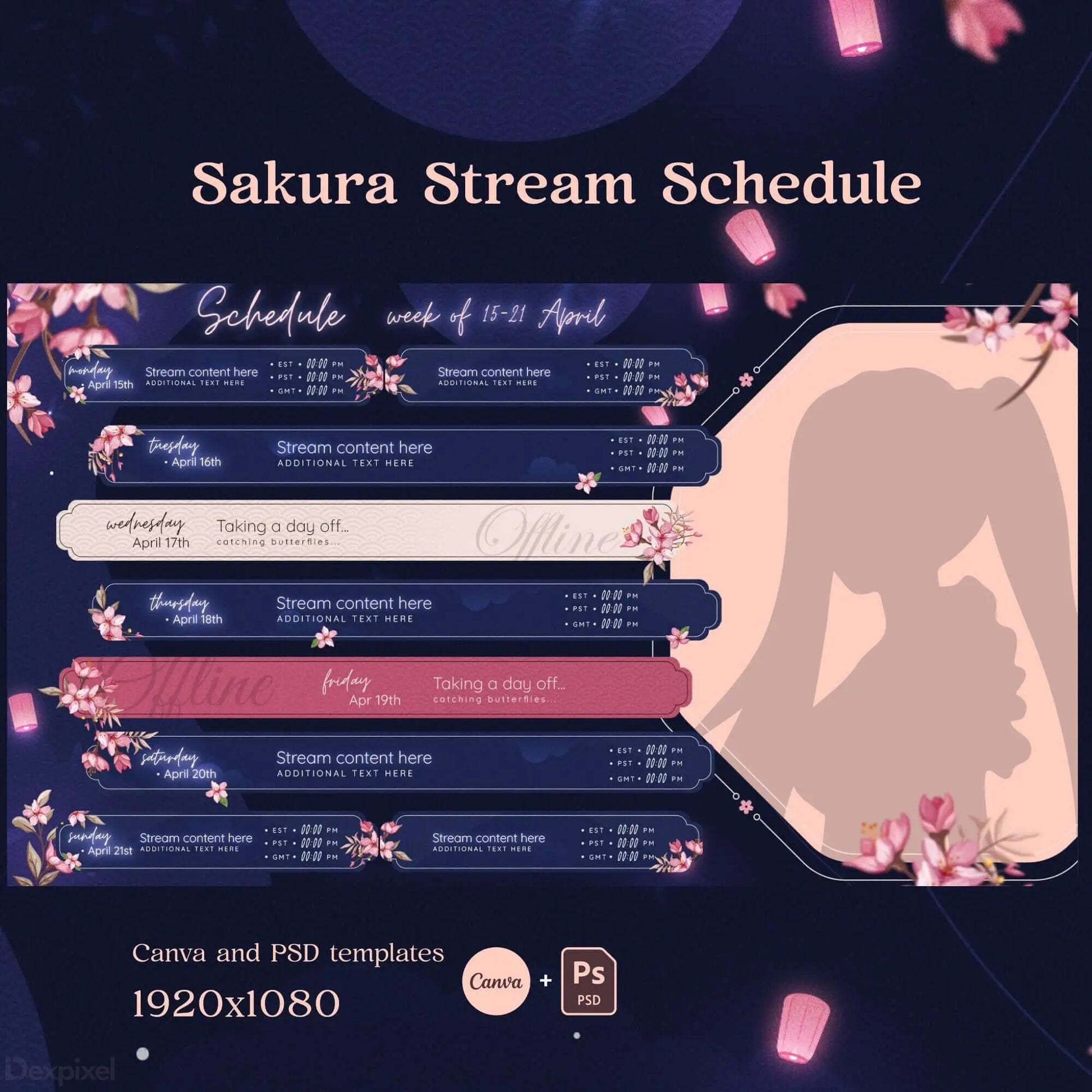 Blue and pink Sakura stream schedule featuring weekly planner template, designed for Vtubers, editable in Canva and PSD.