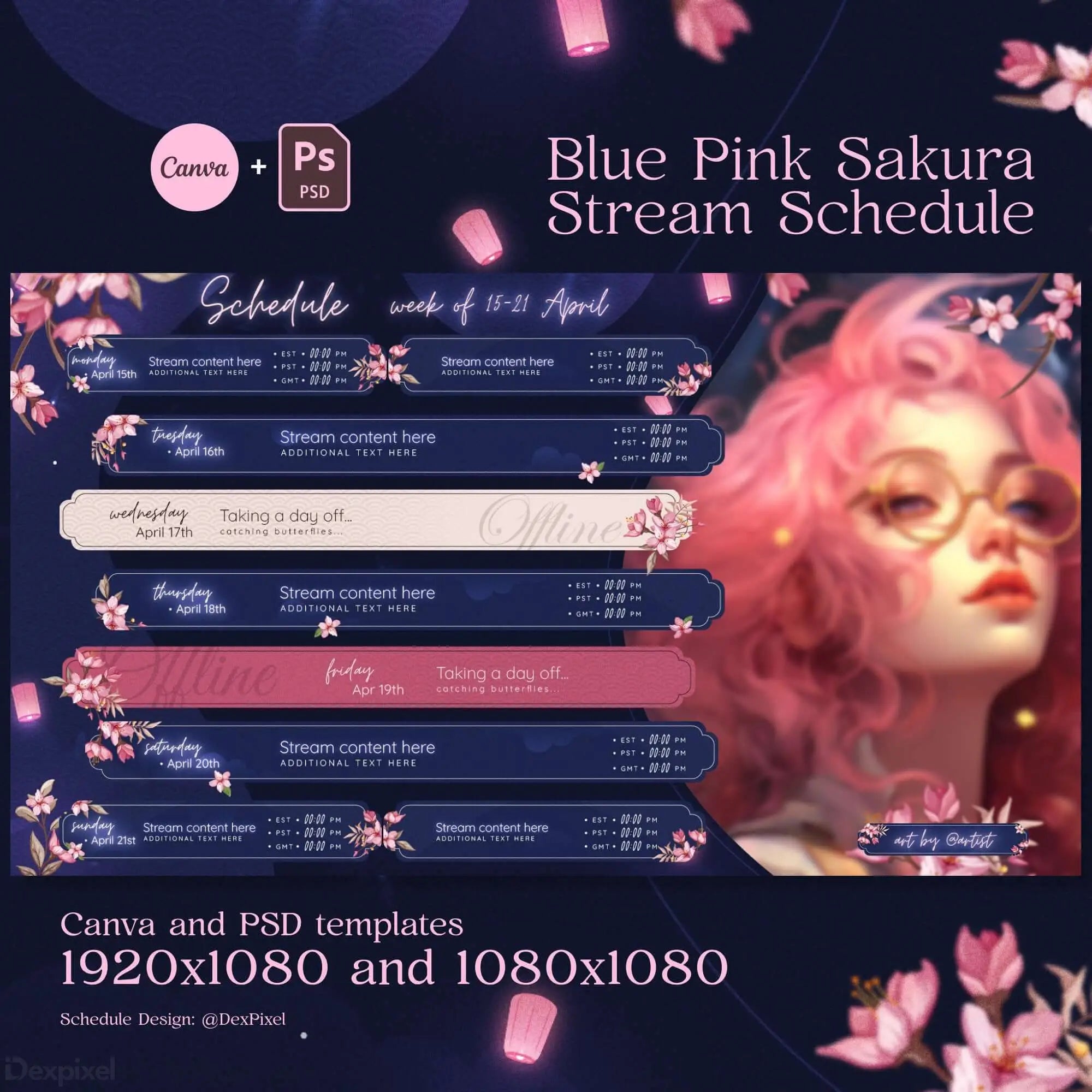 Blue Pink Sakura Cherry Blossom Stream Schedule for Vtubers, editable in Canva and PSD, featuring a cute pastel design.