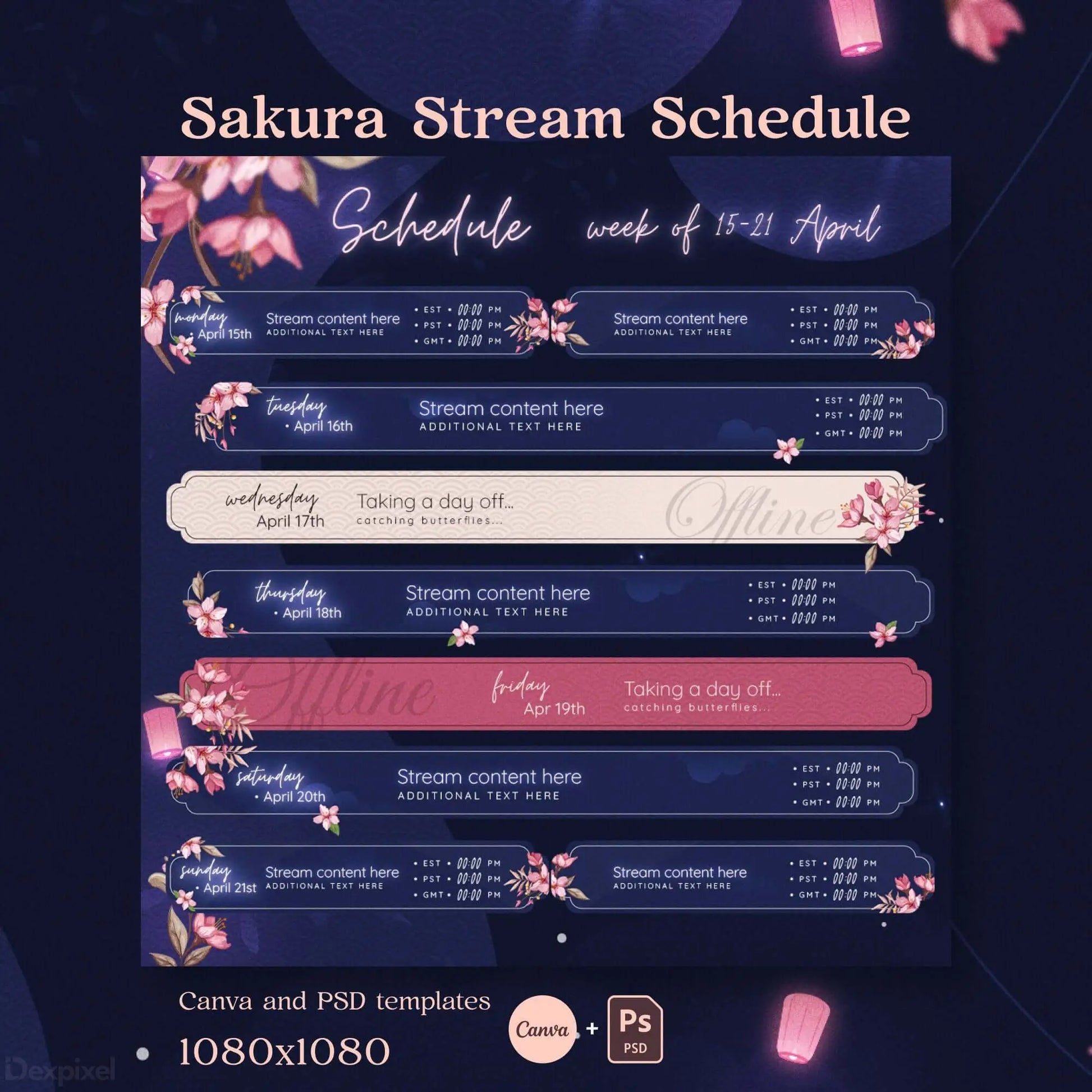 Blue and pink Sakura cherry blossom stream schedule, weekly planner for Vtubers, Canva and PSD templates included.