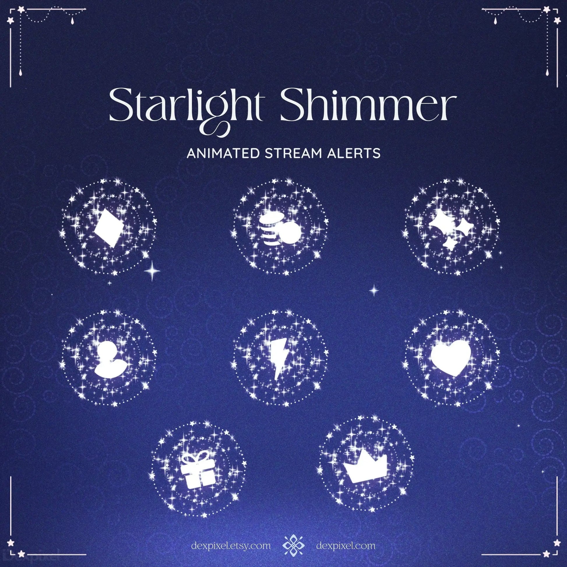 Set of blue shimmer starlight alerts with animated star-like shimmer effects