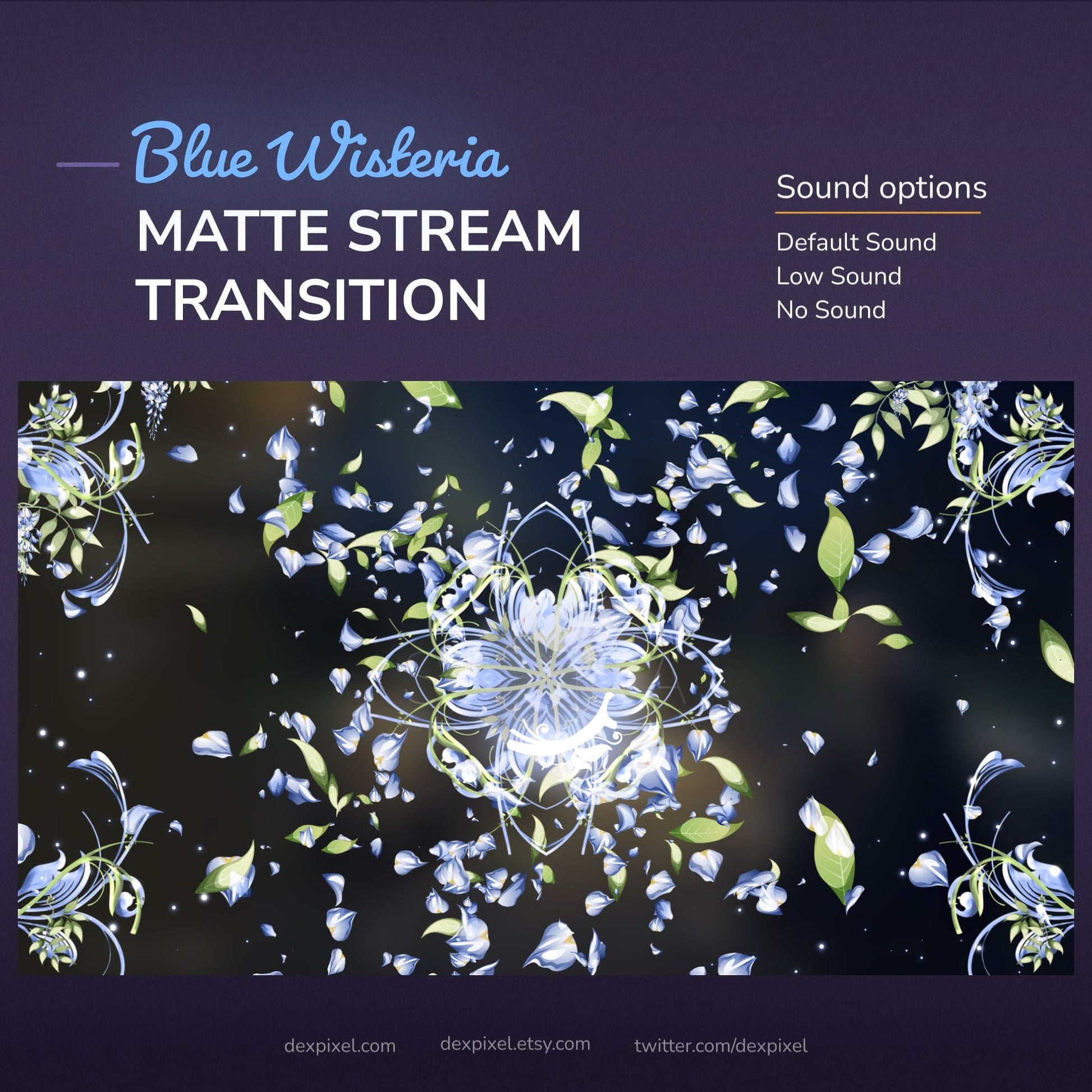 A digital matte stream transition featuring blue wisteria petals and leaves, with sound options.