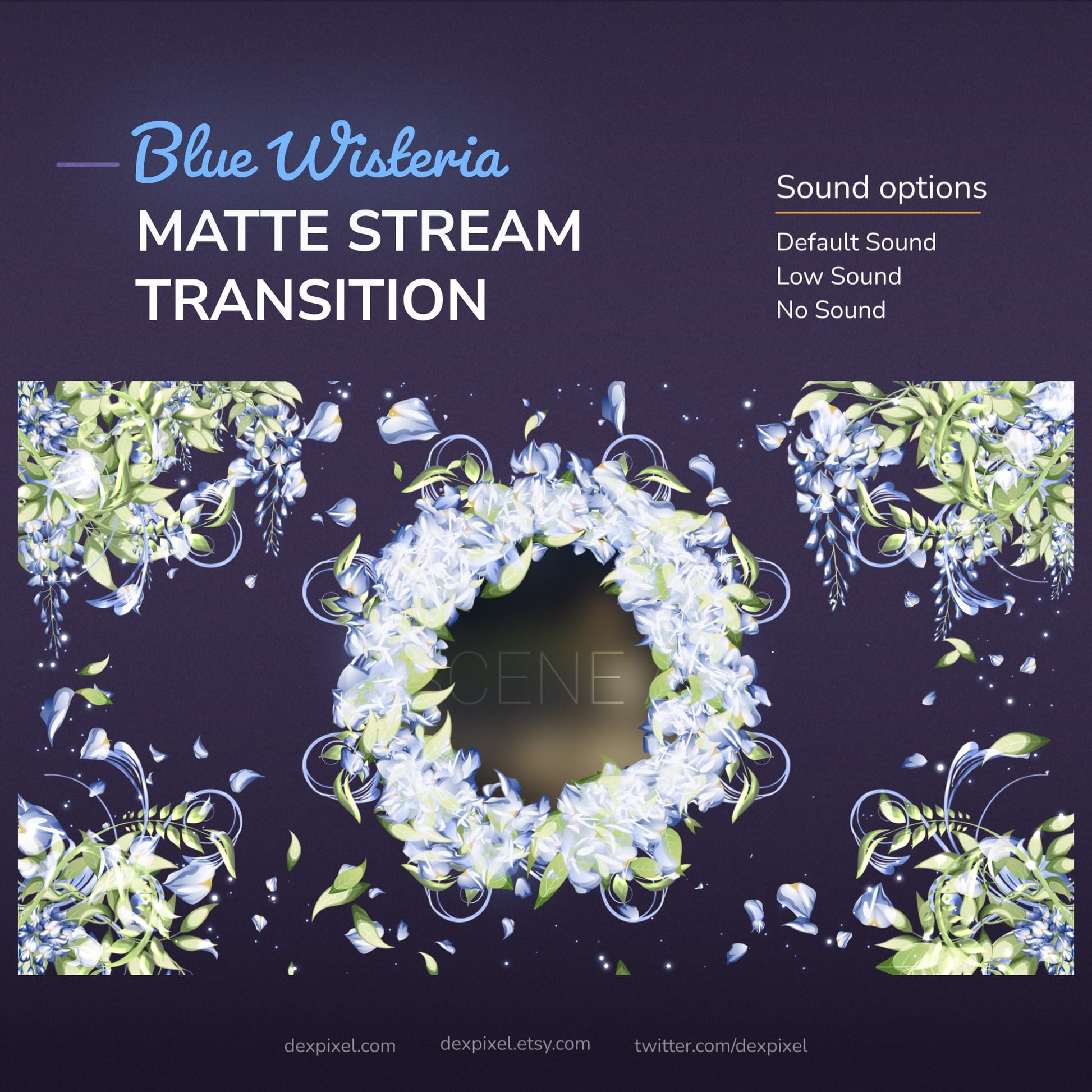A digital matte stream transition featuring blue wisteria flowers.