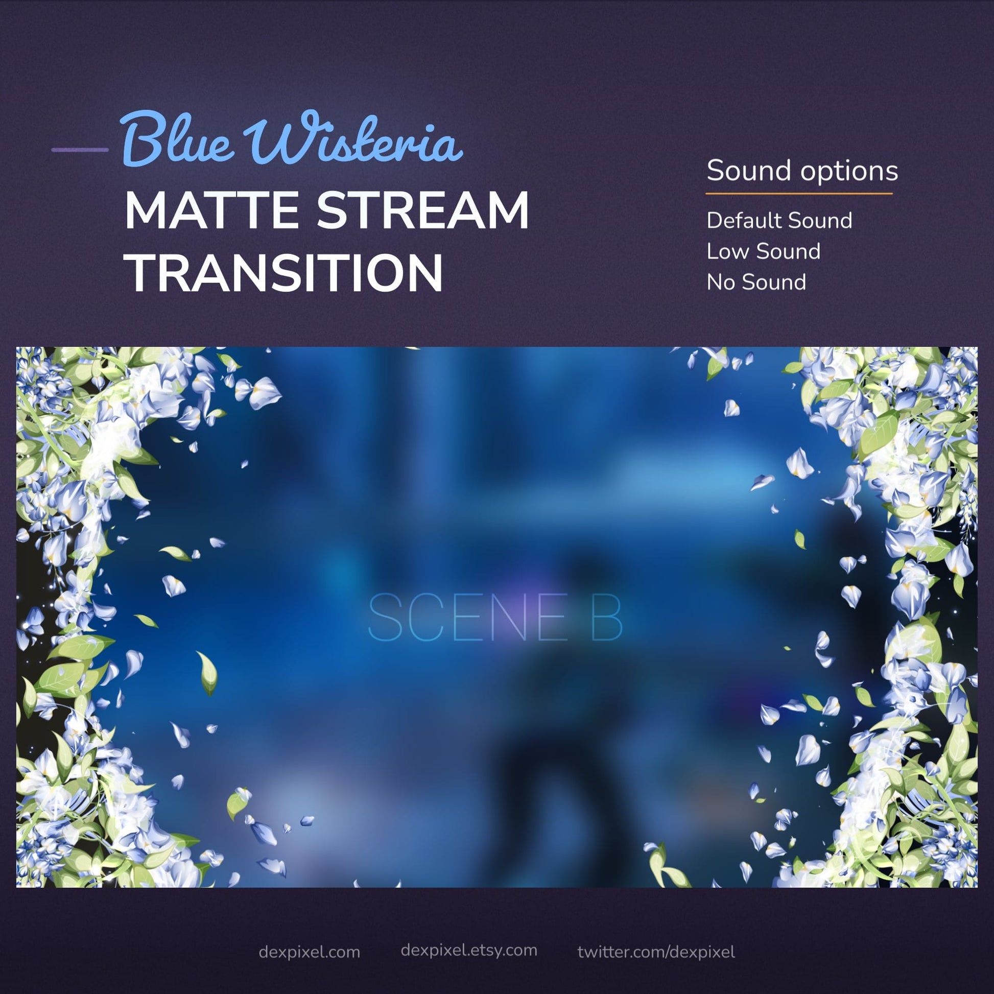 A digital stream transition with blue wisteria floral animation and sound options.