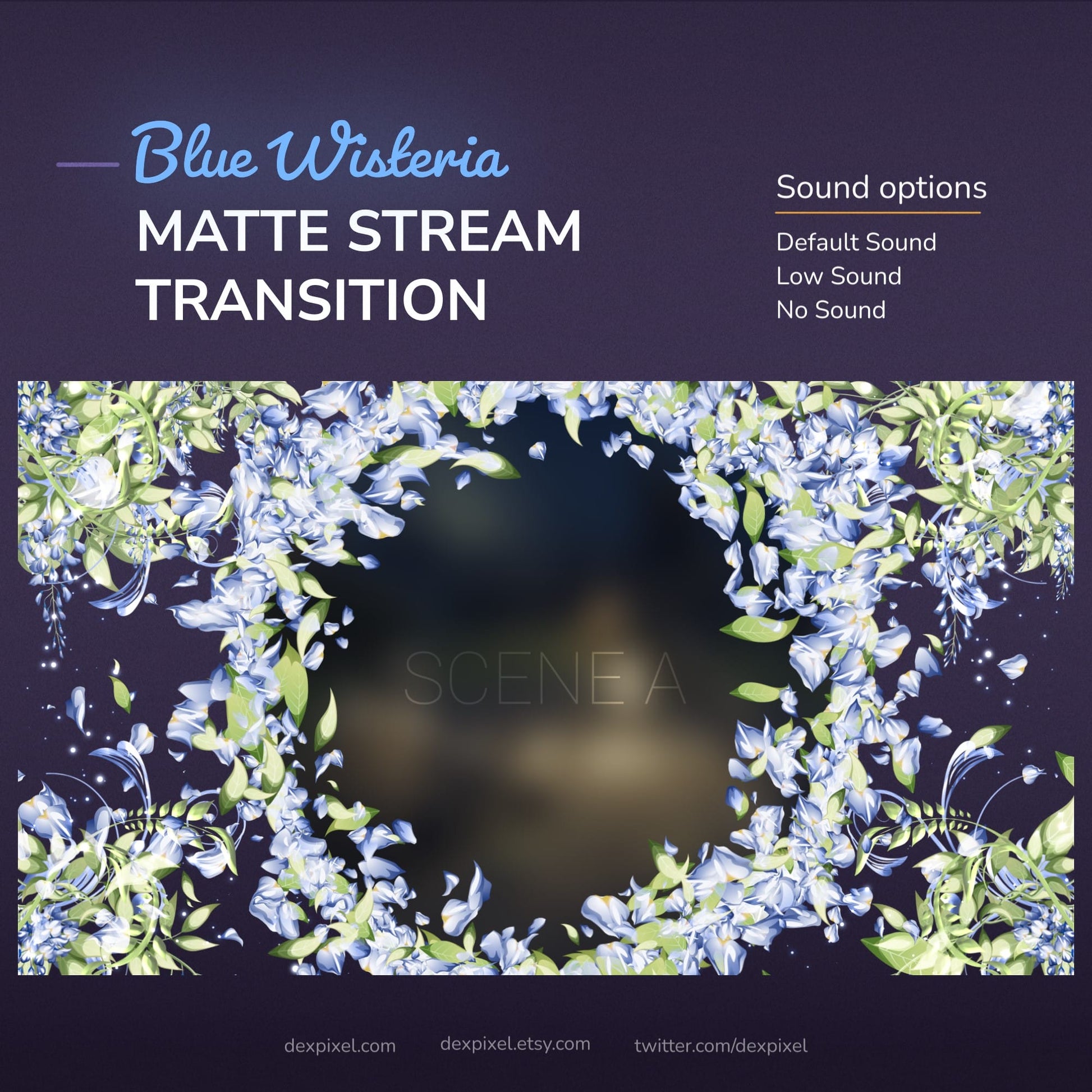 A digital graphic for a ’Blue Wisteria Matte Stream Transition’ with sound options.