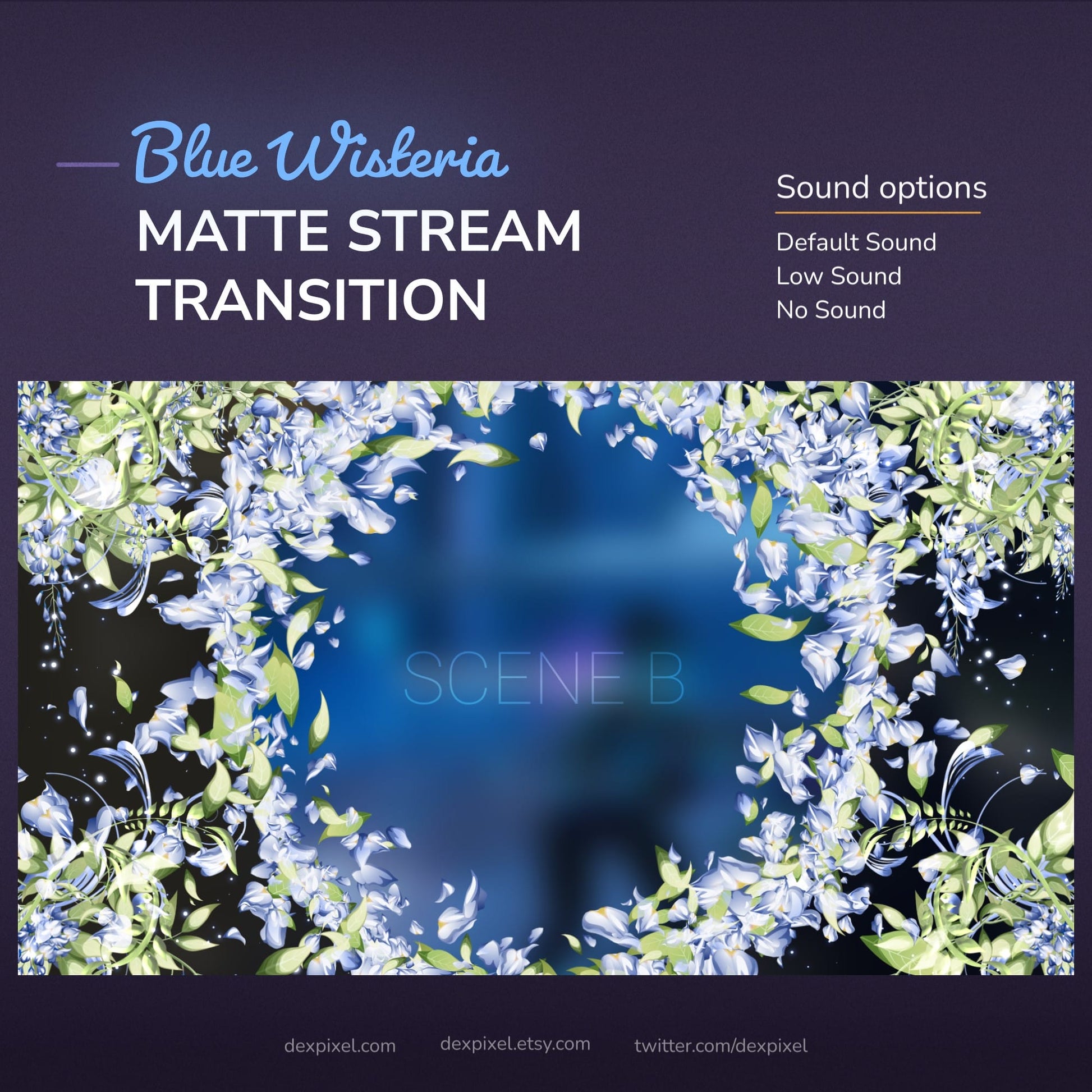 A digital graphic for a ’Blue Wisteria Matte Stream Transition’ with sound options.