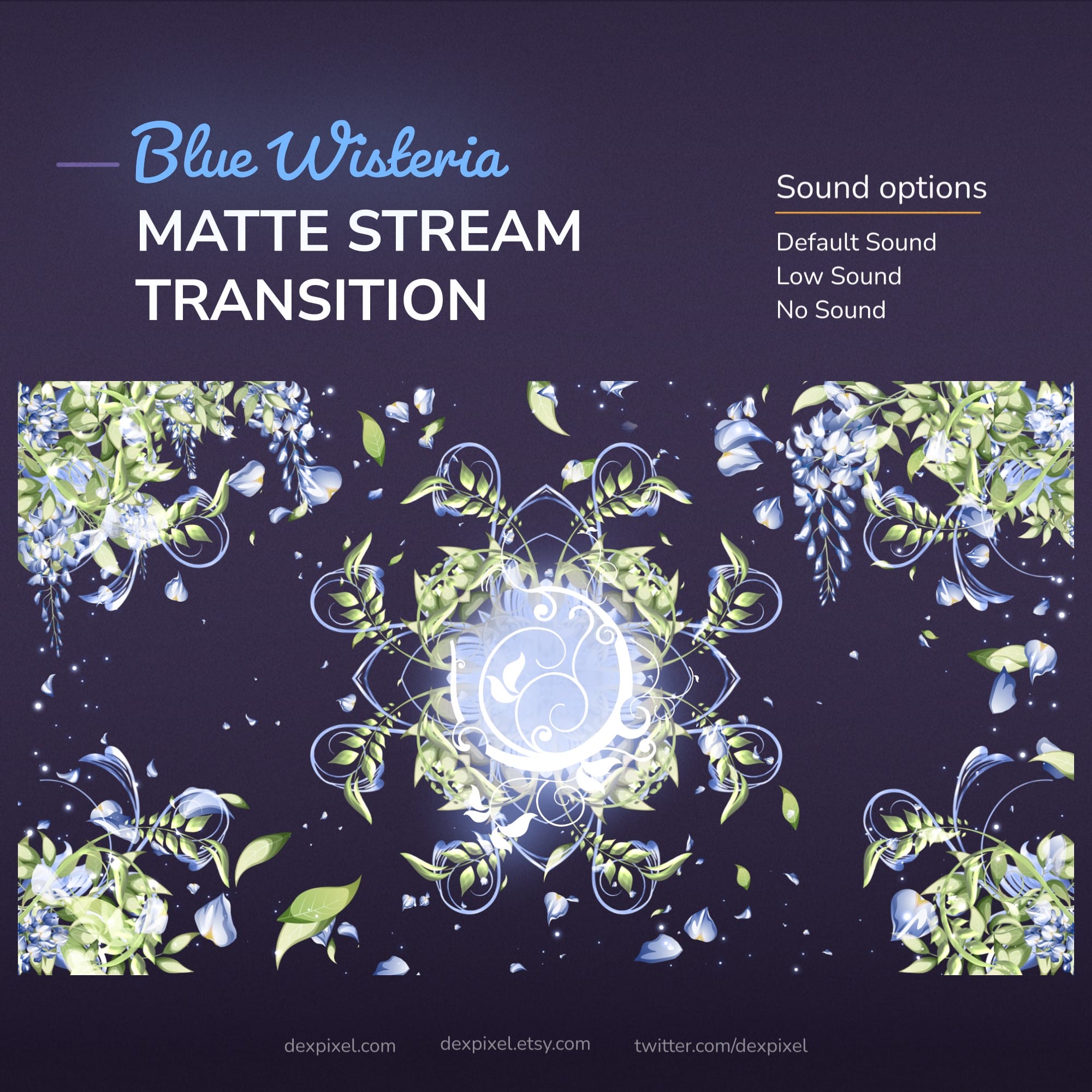 A digital overlay for stream transitions featuring blue wisteria and glowing floral patterns.