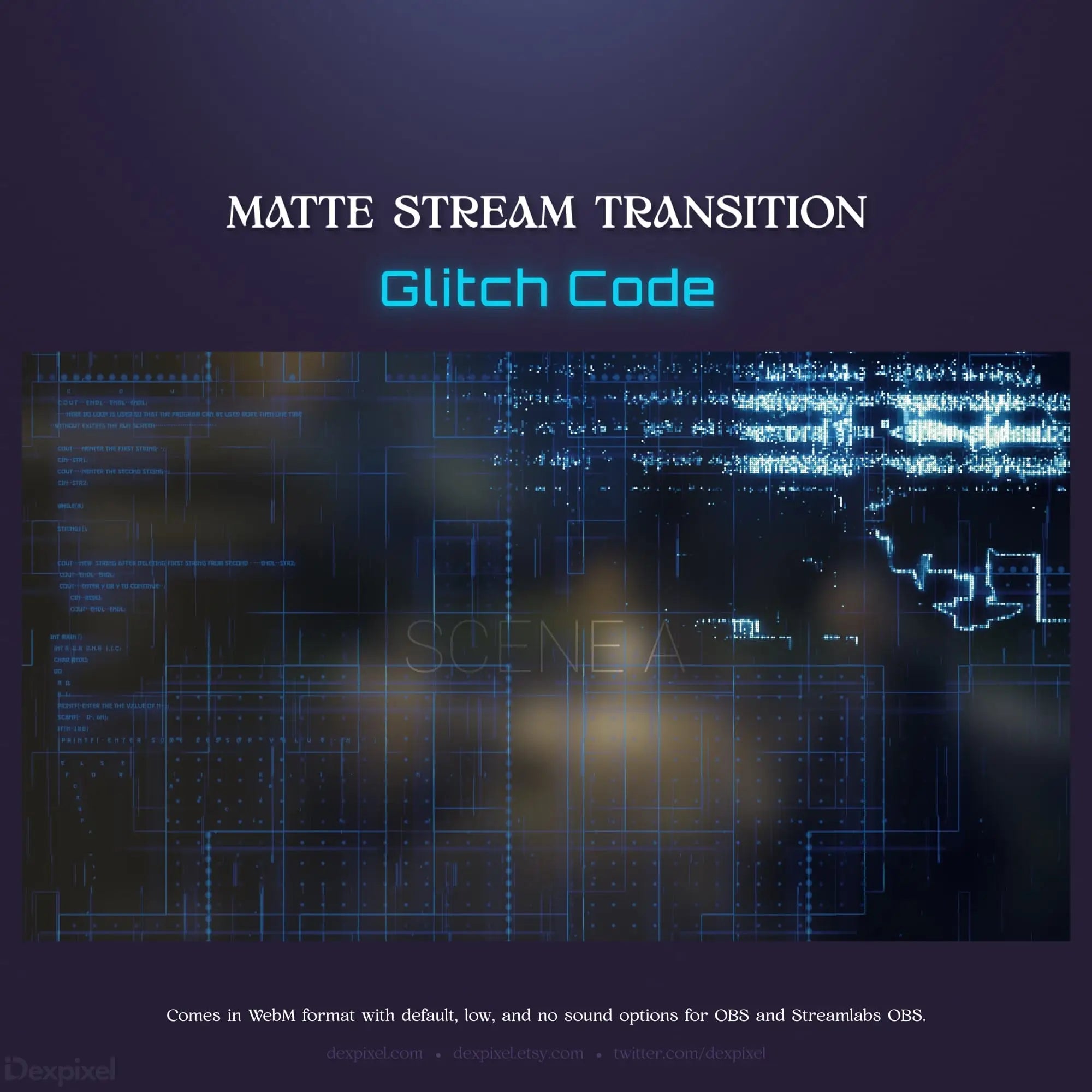 Matte stream transition with glitch code effect.