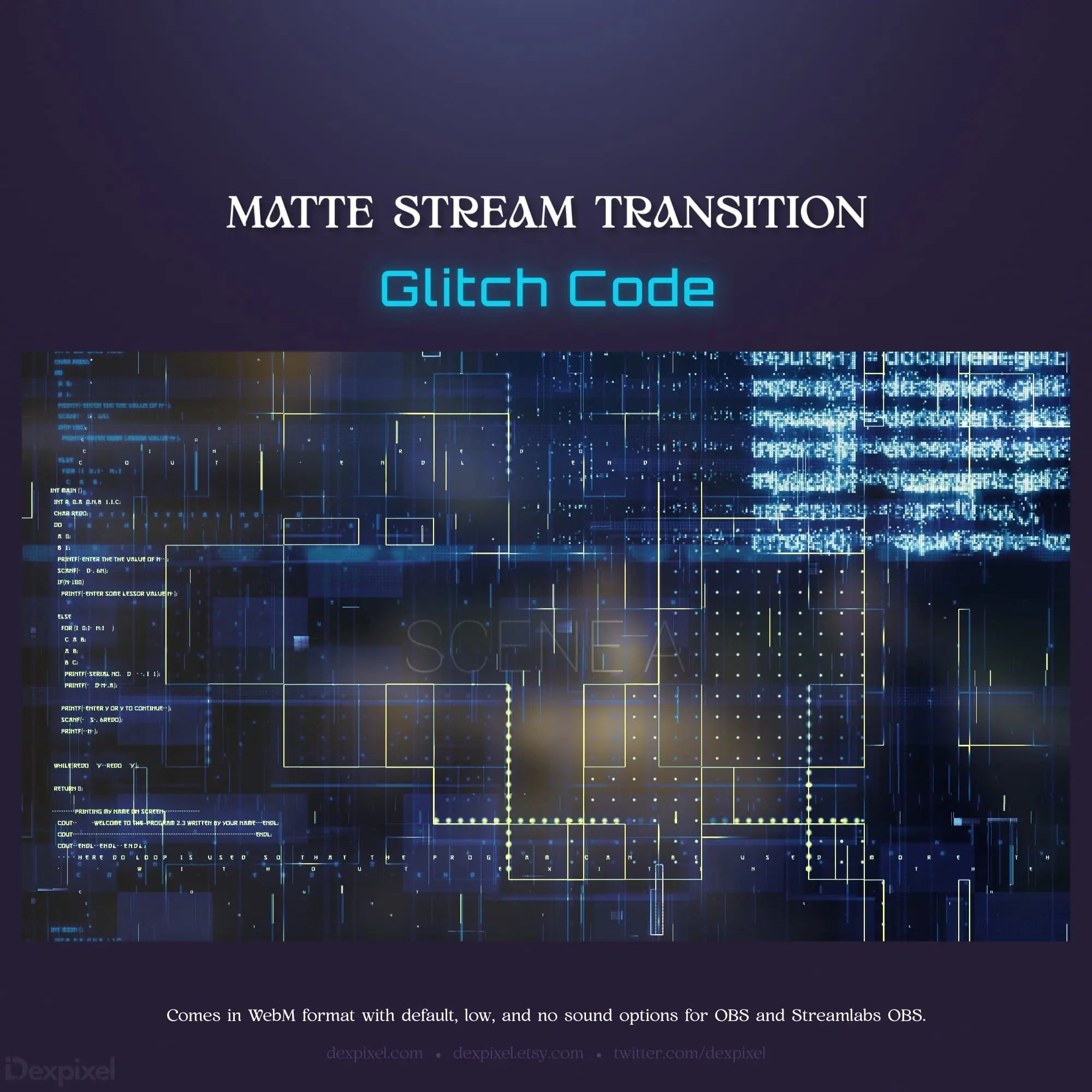 Matte stream transition with glitch code effect.