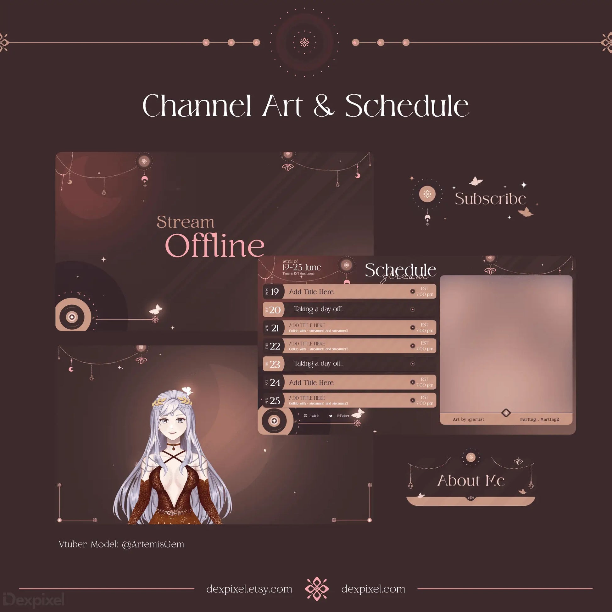 A streaming channel layout with an anime-style character and schedule interface in dark burgundy tones.