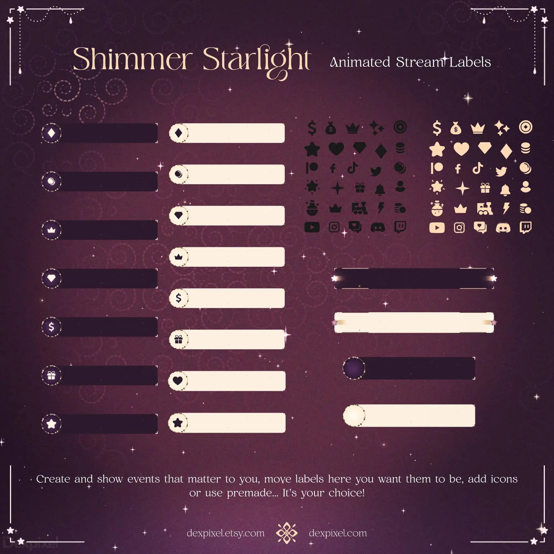 Starlight-themed animated stream pack with shimmering purple and brown pink glow elements