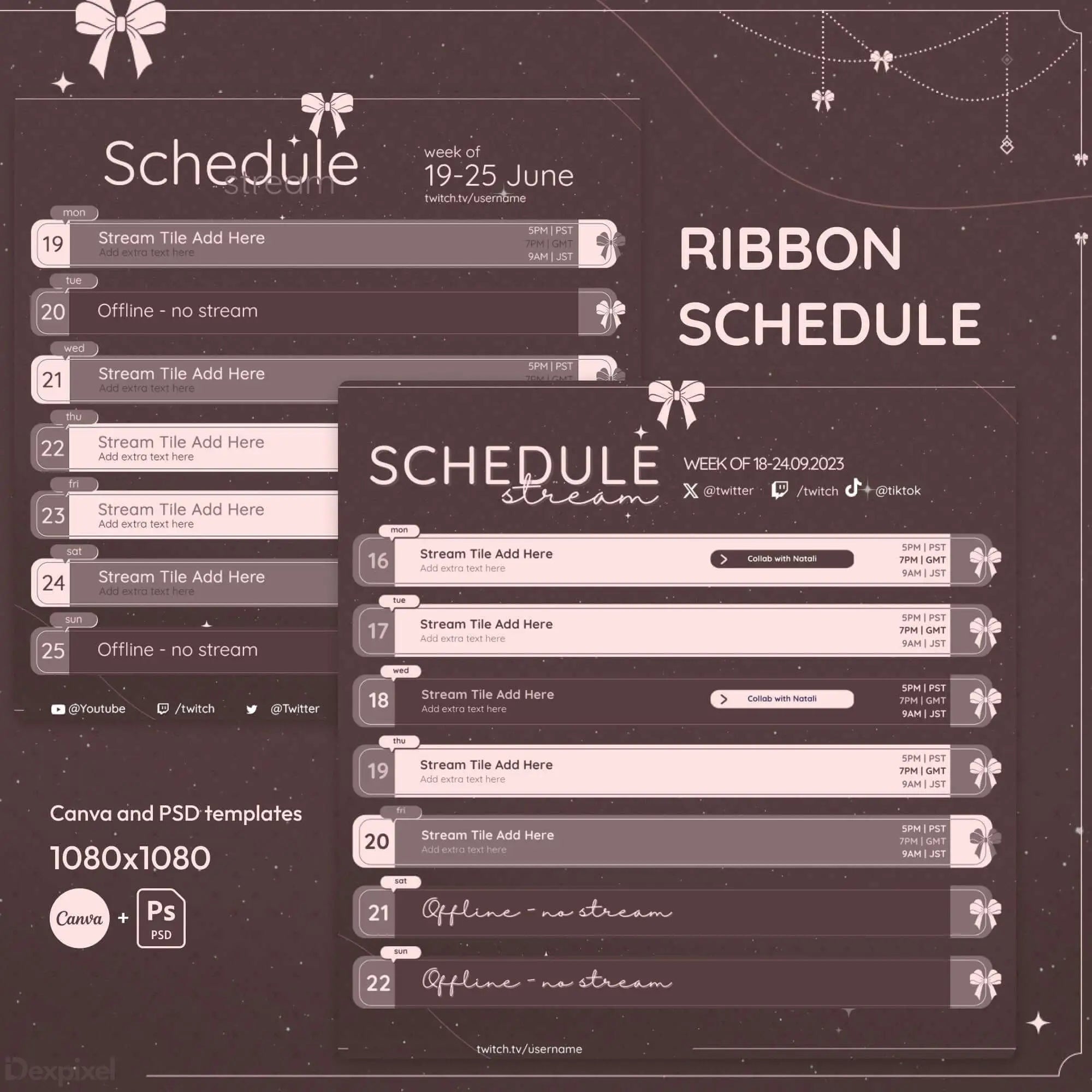 Dark-themed streaming schedule template decorated with ribbon motifs and sparkles.