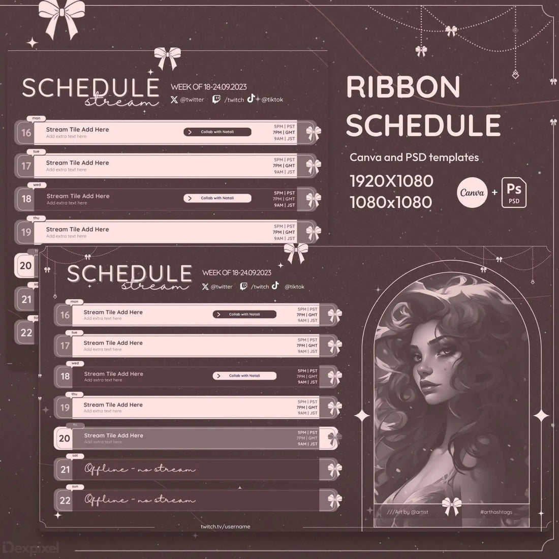 Decorative schedule template with ribbon motifs and an artistic portrait panel in a vintage style.