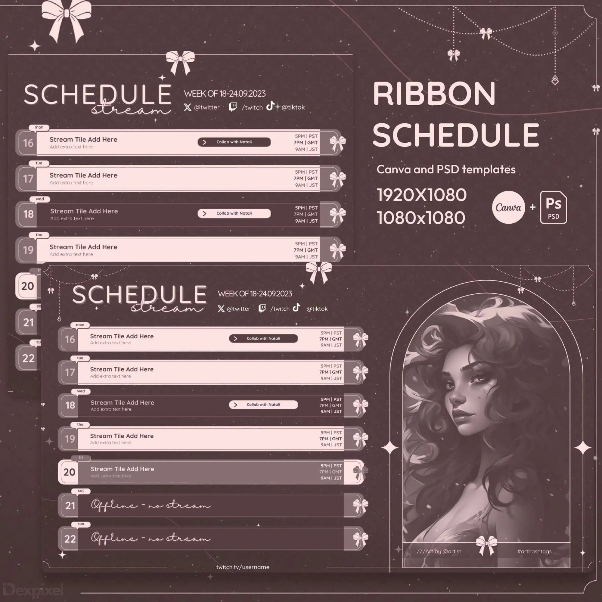 Decorative schedule template with ribbon motifs and an artistic portrait panel in a vintage style.