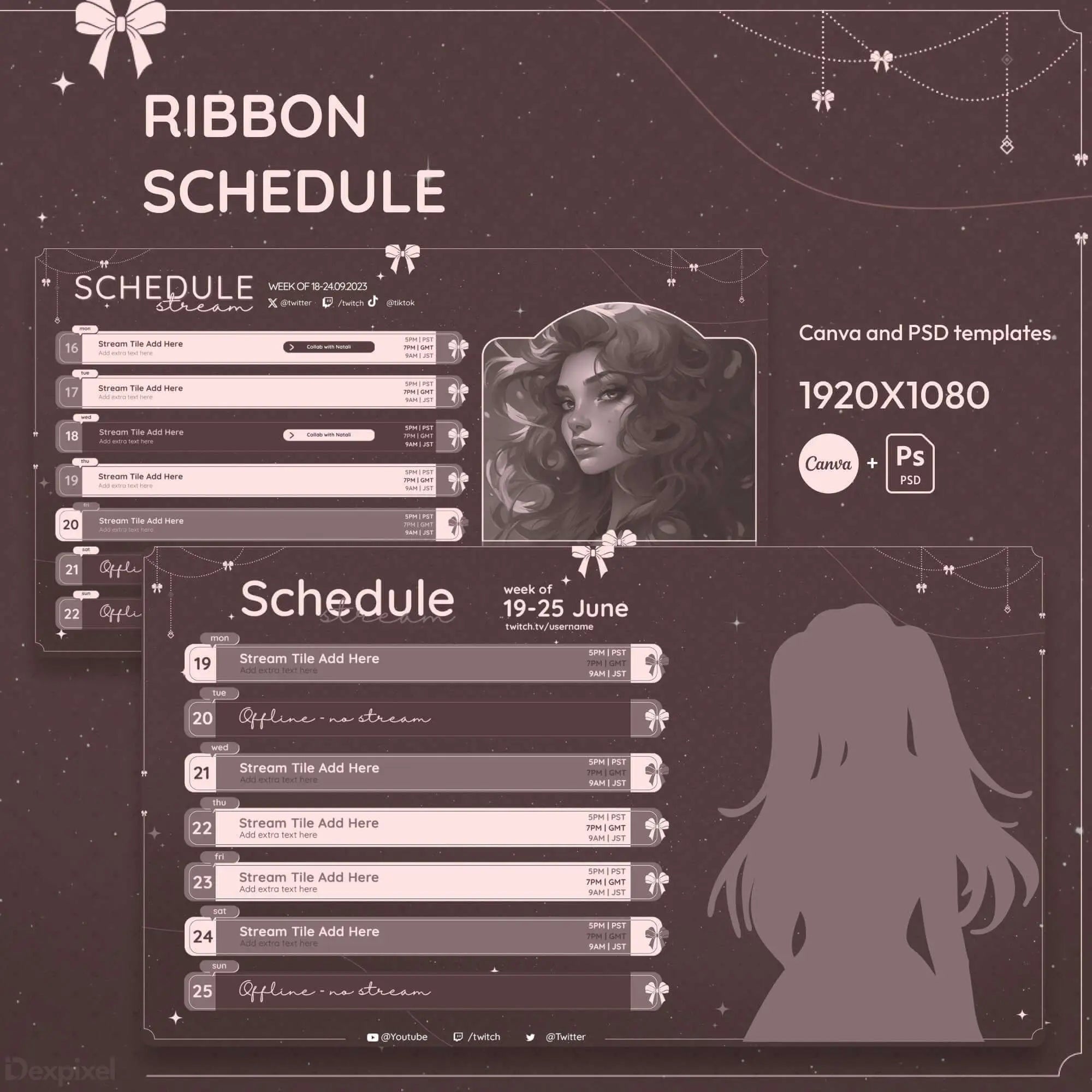 Pink-tinted schedule template with ribbon decorations and a silhouetted figure design.